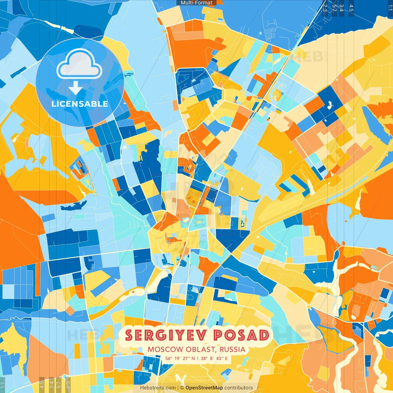 Sergiyev Posad, Moscow Oblast, Russia blue and orange vector art map template