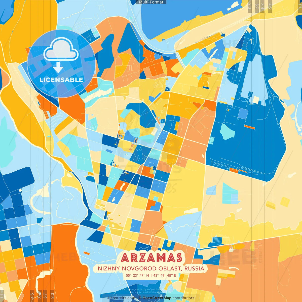 Arzamas, Nizhny Novgorod Oblast, Russia blue and orange vector art map template