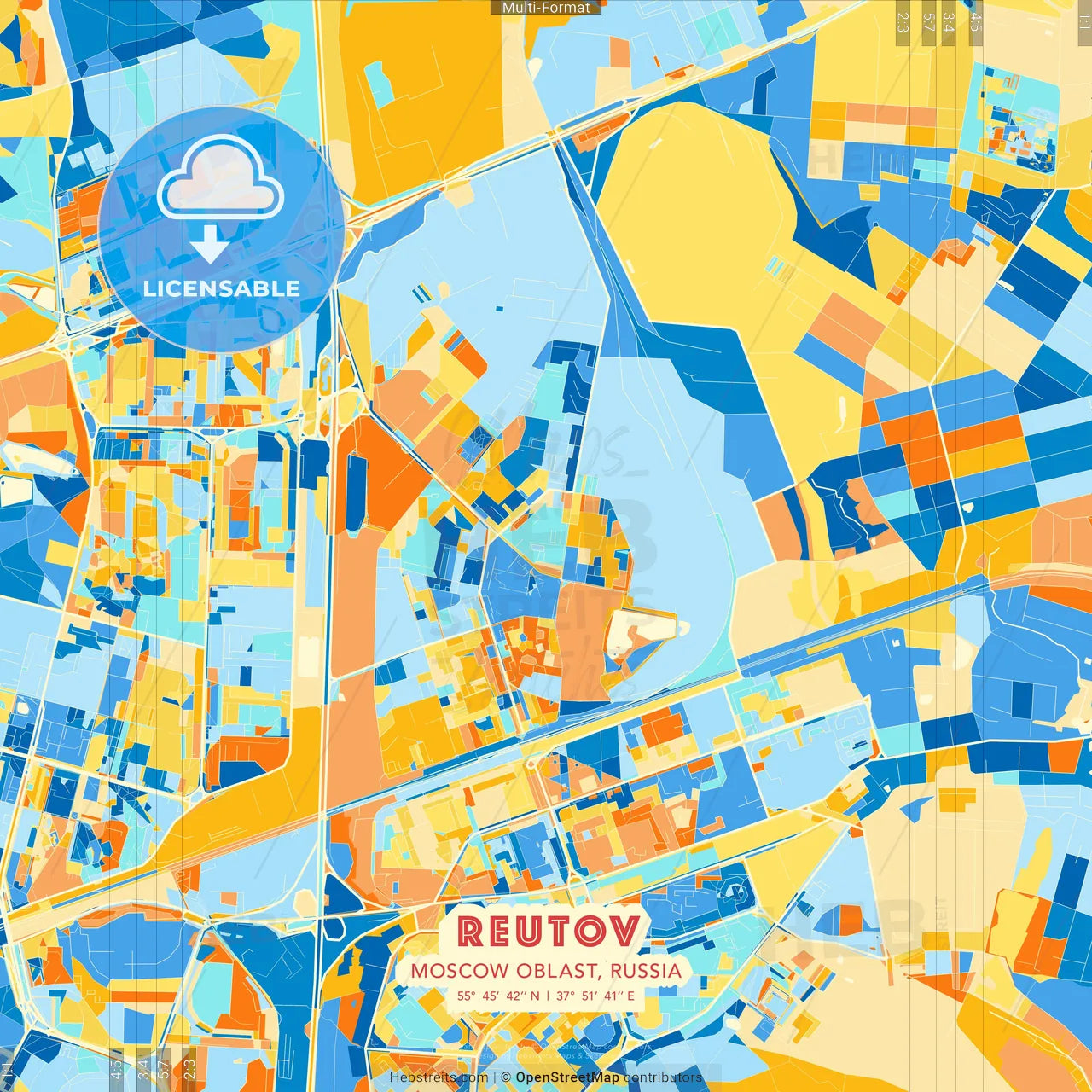 Reutov, Moscow Oblast, Russia blue and orange vector art map template