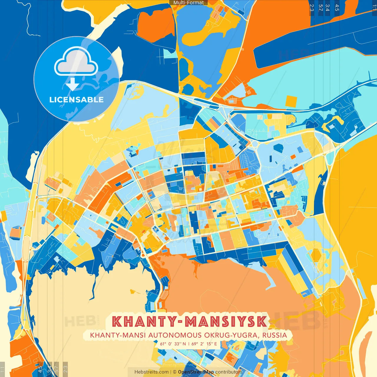Khanty-Mansiysk, Khanty-Mansi Autonomous Okrug-Yugra, Russia blue and orange vector art map template