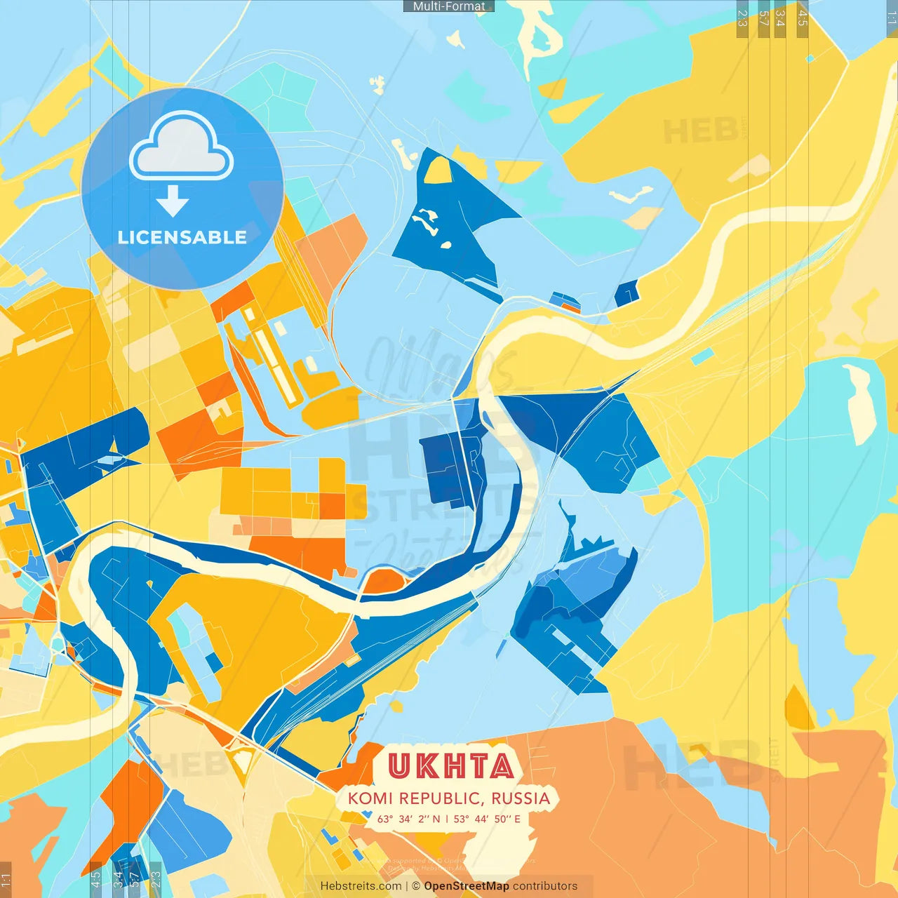 Ukhta, Komi Republic, Russia blue and orange vector art map template