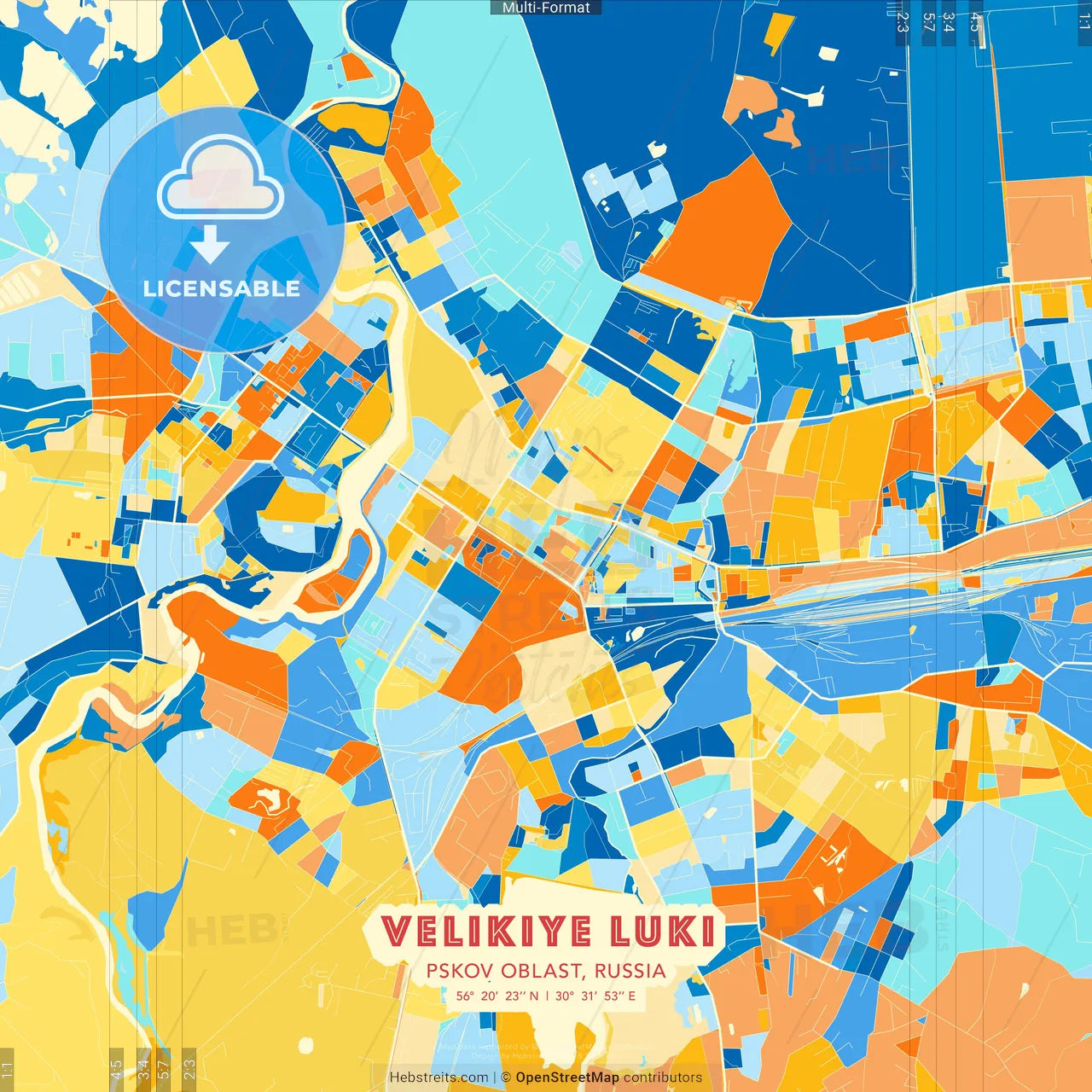 Velikiye Luki, Pskov Oblast, Russia blue and orange vector art map template