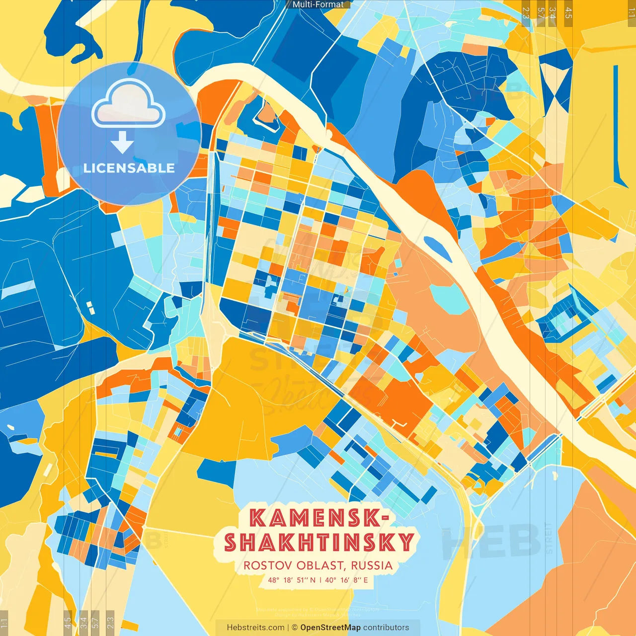 Kamensk-Shakhtinsky, Rostov Oblast, Russia blue and orange vector art map template