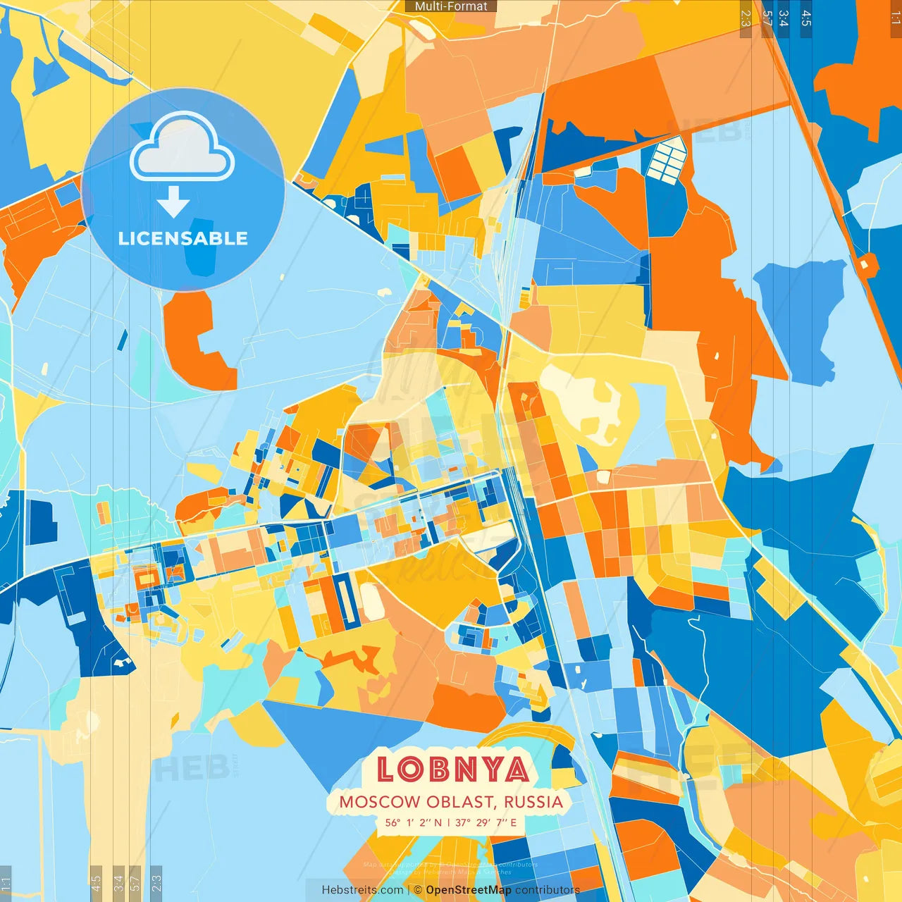 Lobnya, Moscow Oblast, Russia blue and orange vector art map template
