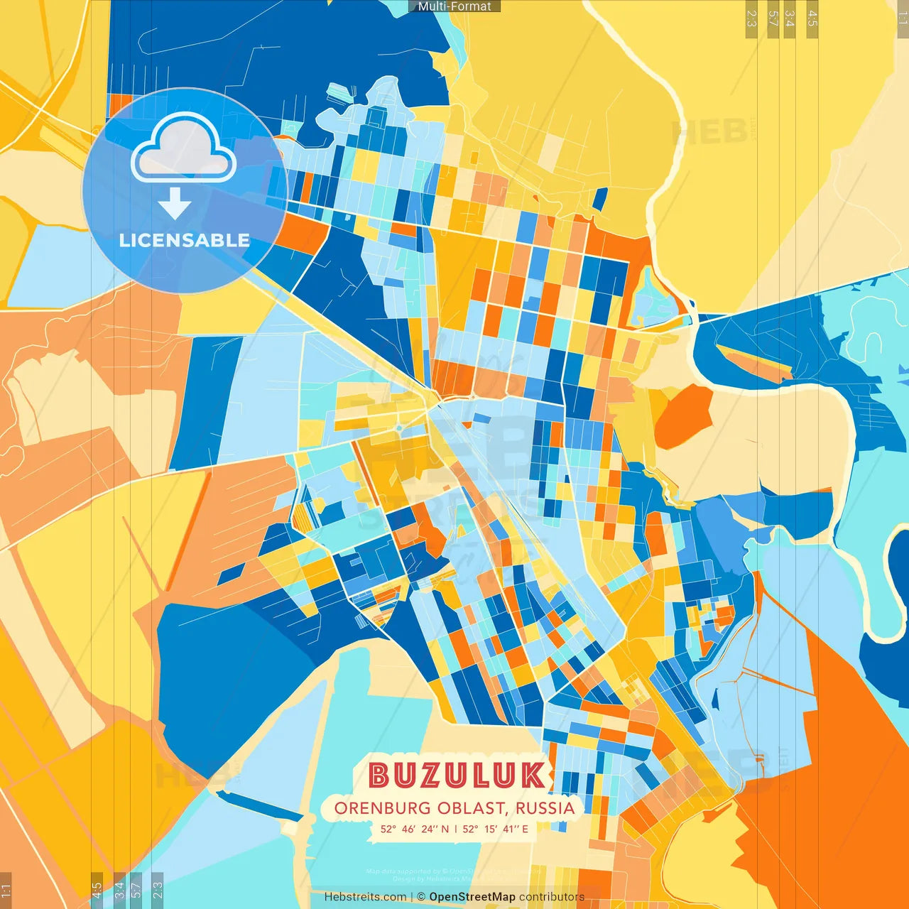 Buzuluk, Orenburg Oblast, Russia blue and orange vector art map template