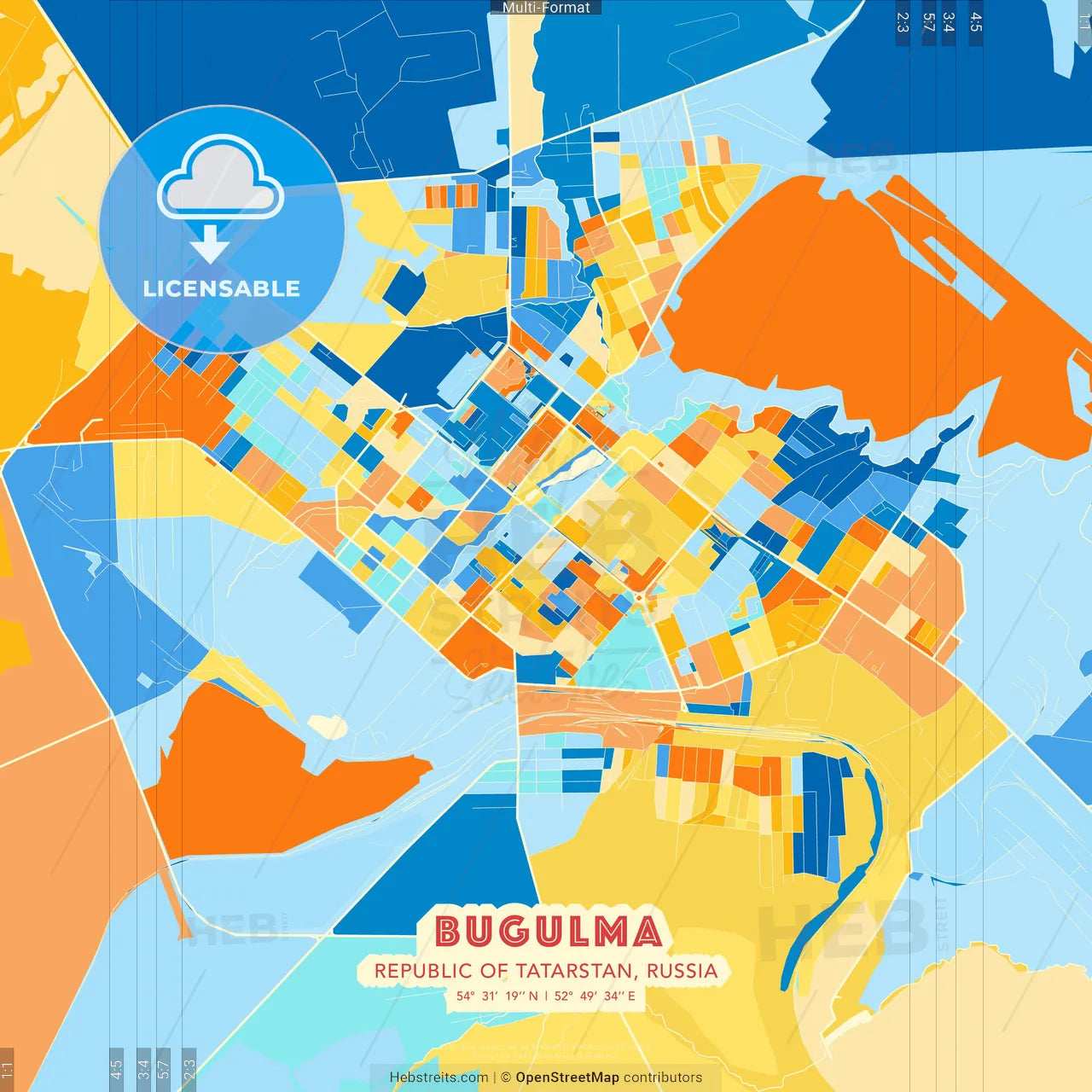 Bugulma, Republic of Tatarstan, Russia blue and orange vector art map template