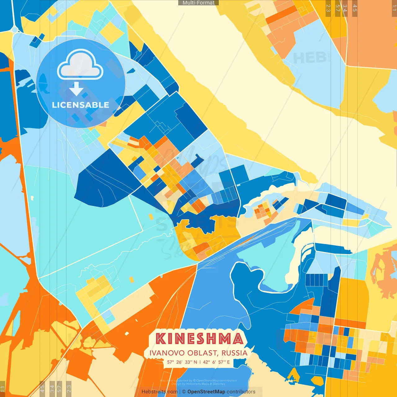 Kineshma, Ivanovo Oblast, Russia blue and orange vector art map template