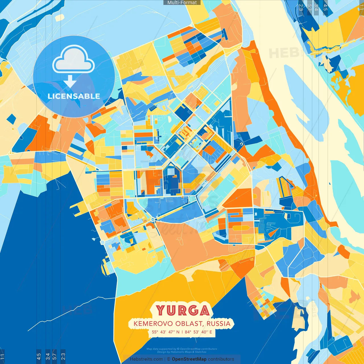 Yurga, Kemerovo Oblast, Russia blue and orange vector art map template