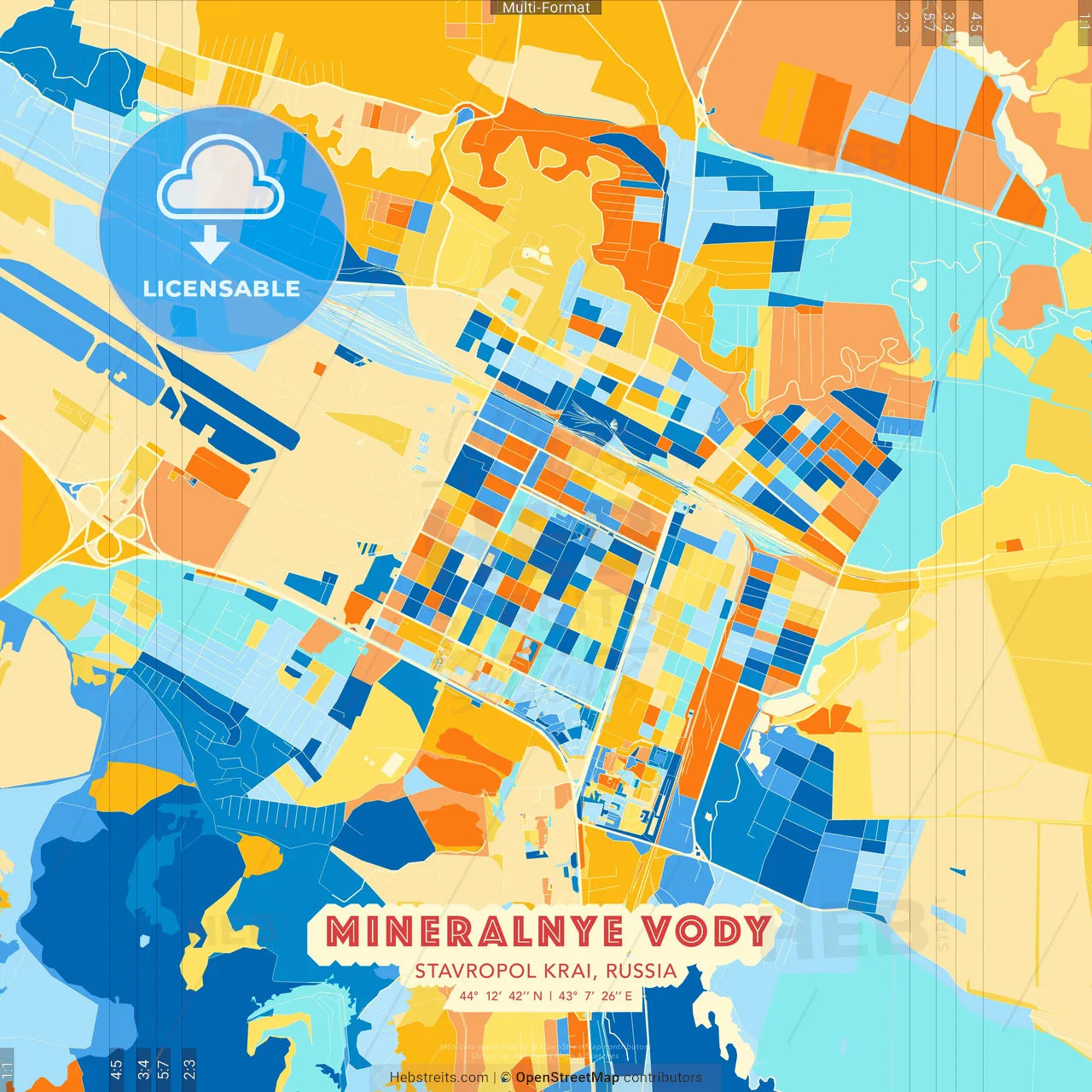 Mineralnye Vody, Stavropol Krai, Russia blue and orange vector art map template