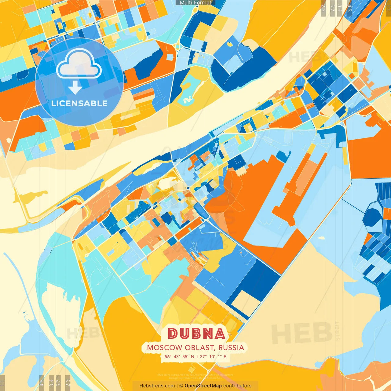 Dubna, Moscow Oblast, Russia blue and orange vector art map template
