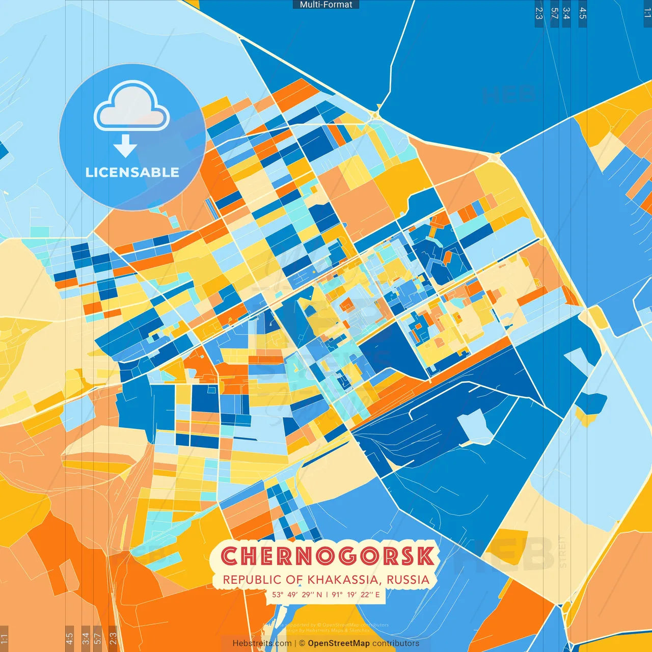Chernogorsk, Republic of Khakassia, Russia blue and orange vector art map template