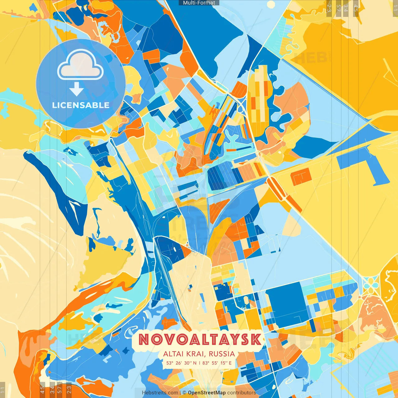 Novoaltaysk, Altai Krai, Russia blue and orange vector art map template