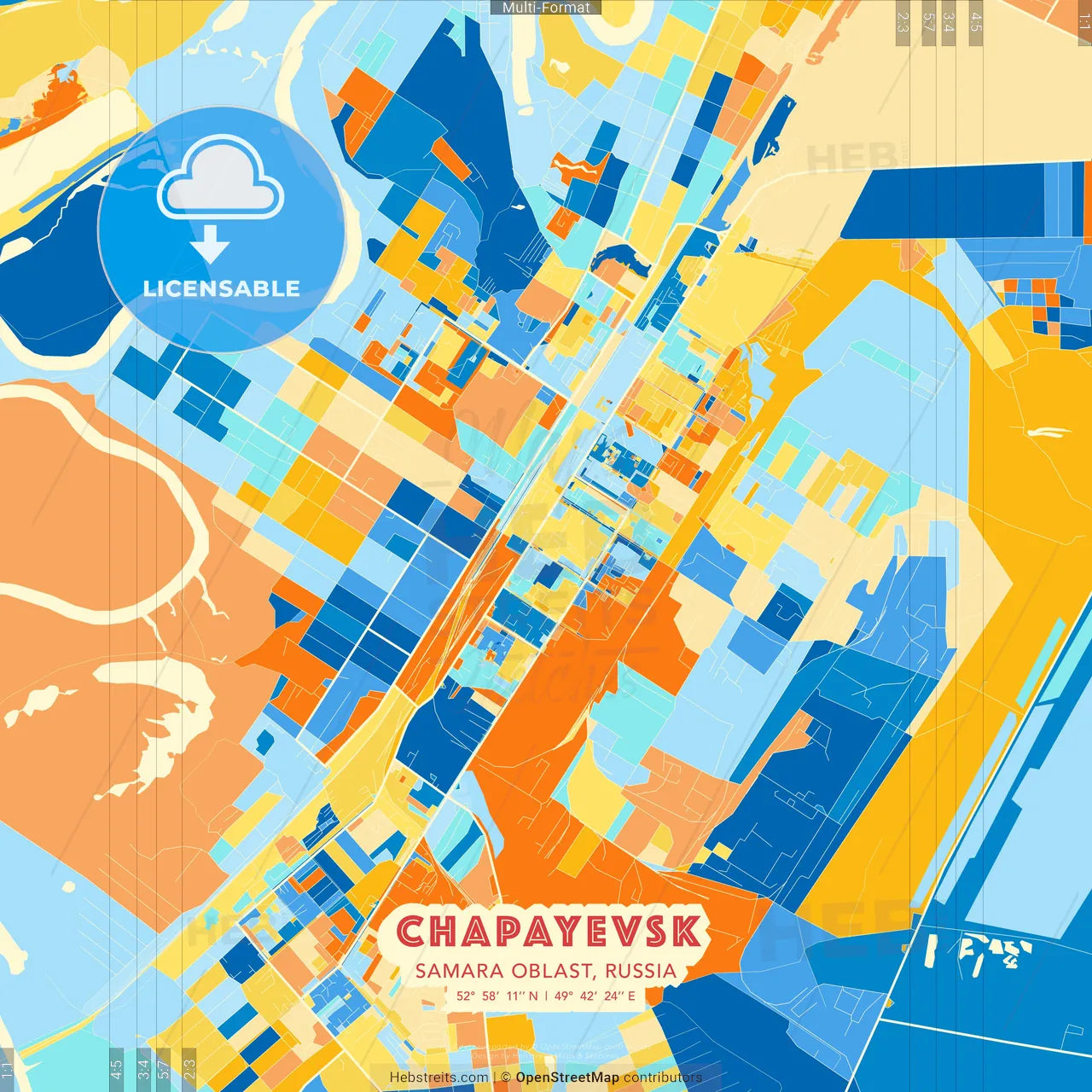 Chapayevsk, Samara Oblast, Russia blue and orange vector art map template