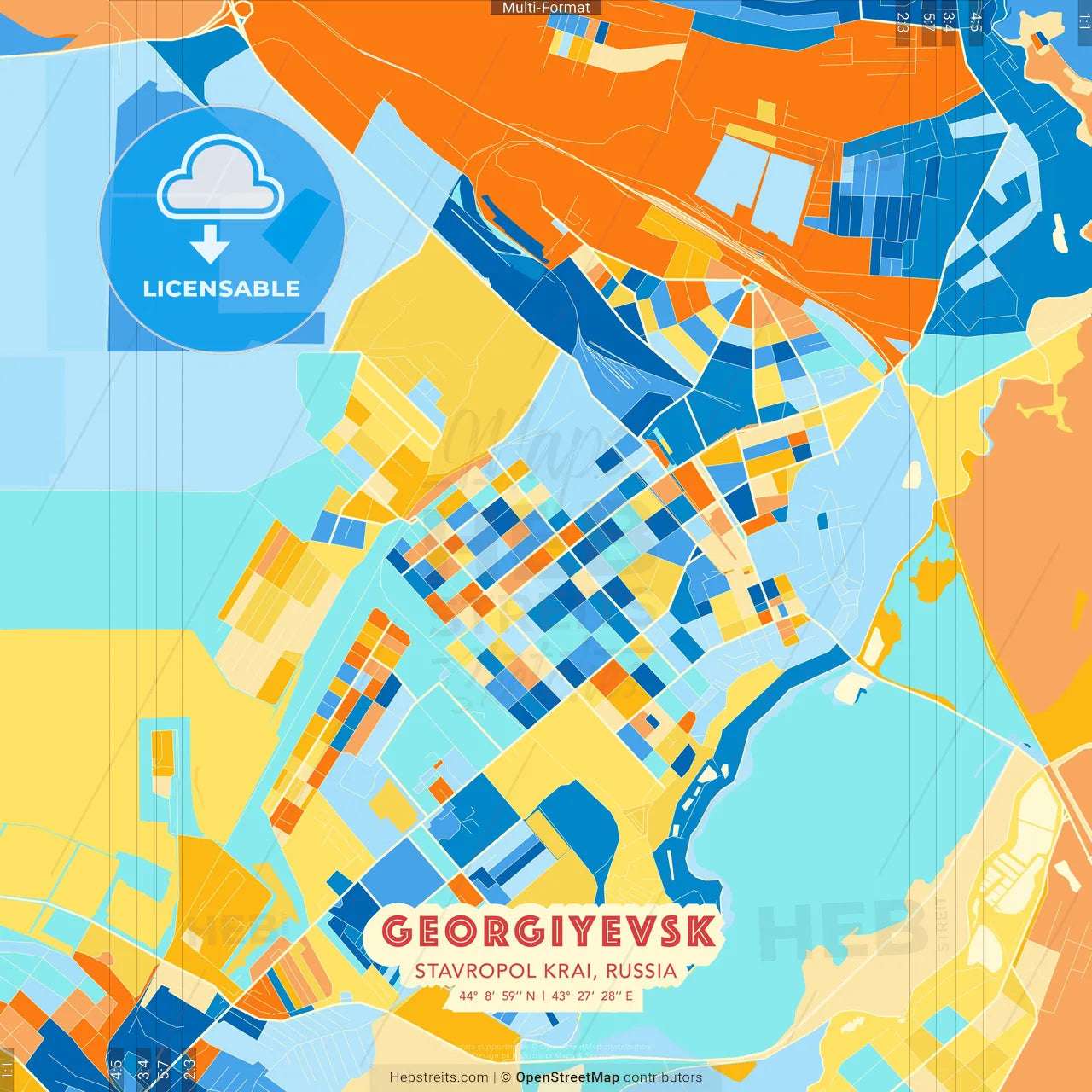Georgiyevsk, Stavropol Krai, Russia blue and orange vector art map template