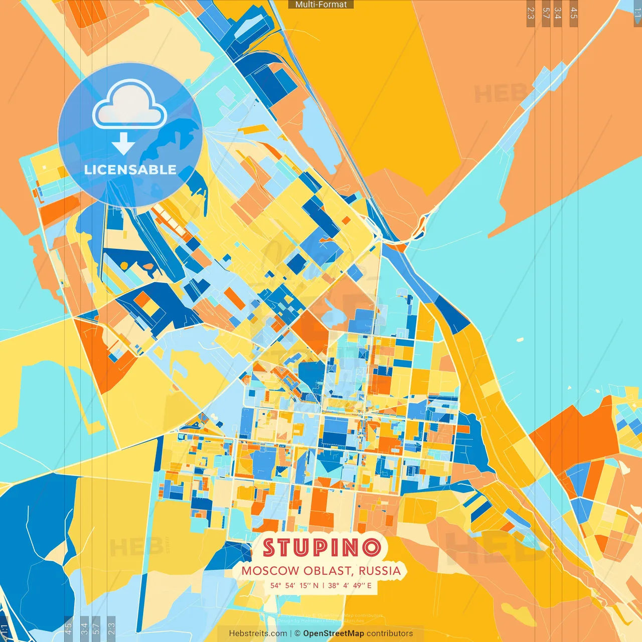 Stupino, Moscow Oblast, Russia blue and orange vector art map template