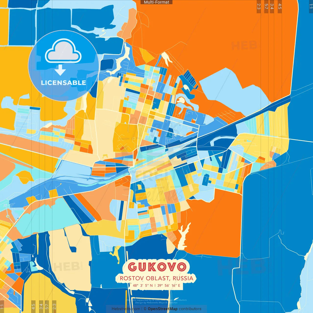 Gukovo, Rostov Oblast, Russia blue and orange vector art map template