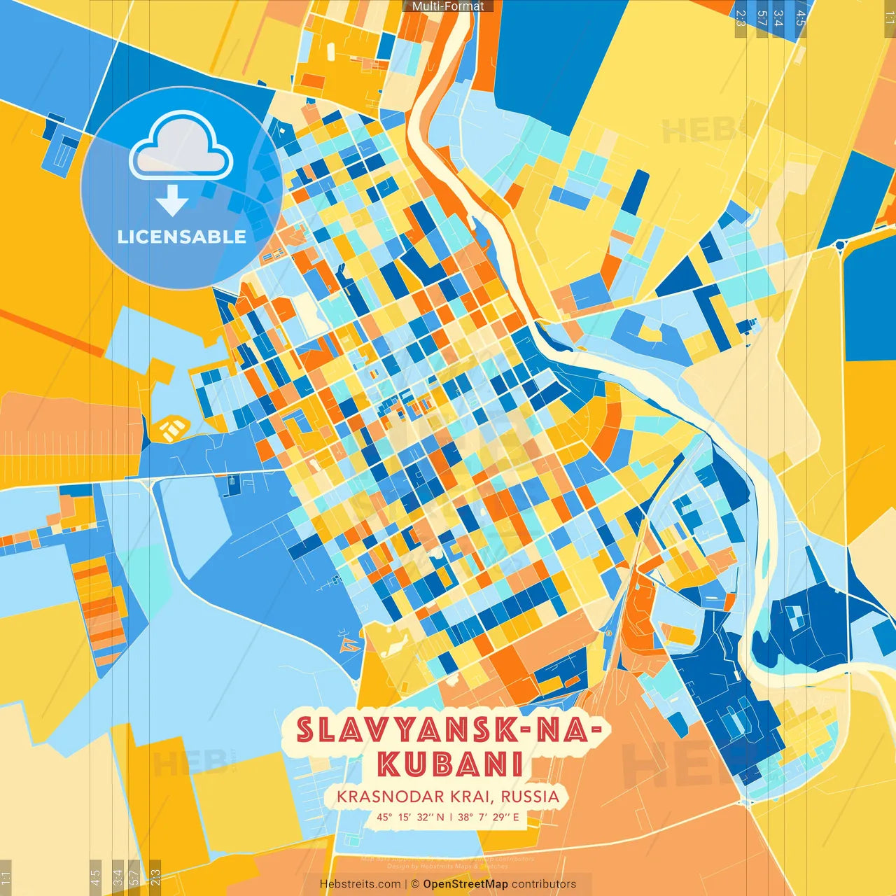 Slavyansk-na-Kubani, Krasnodar Krai, Russia blue and orange vector art map template