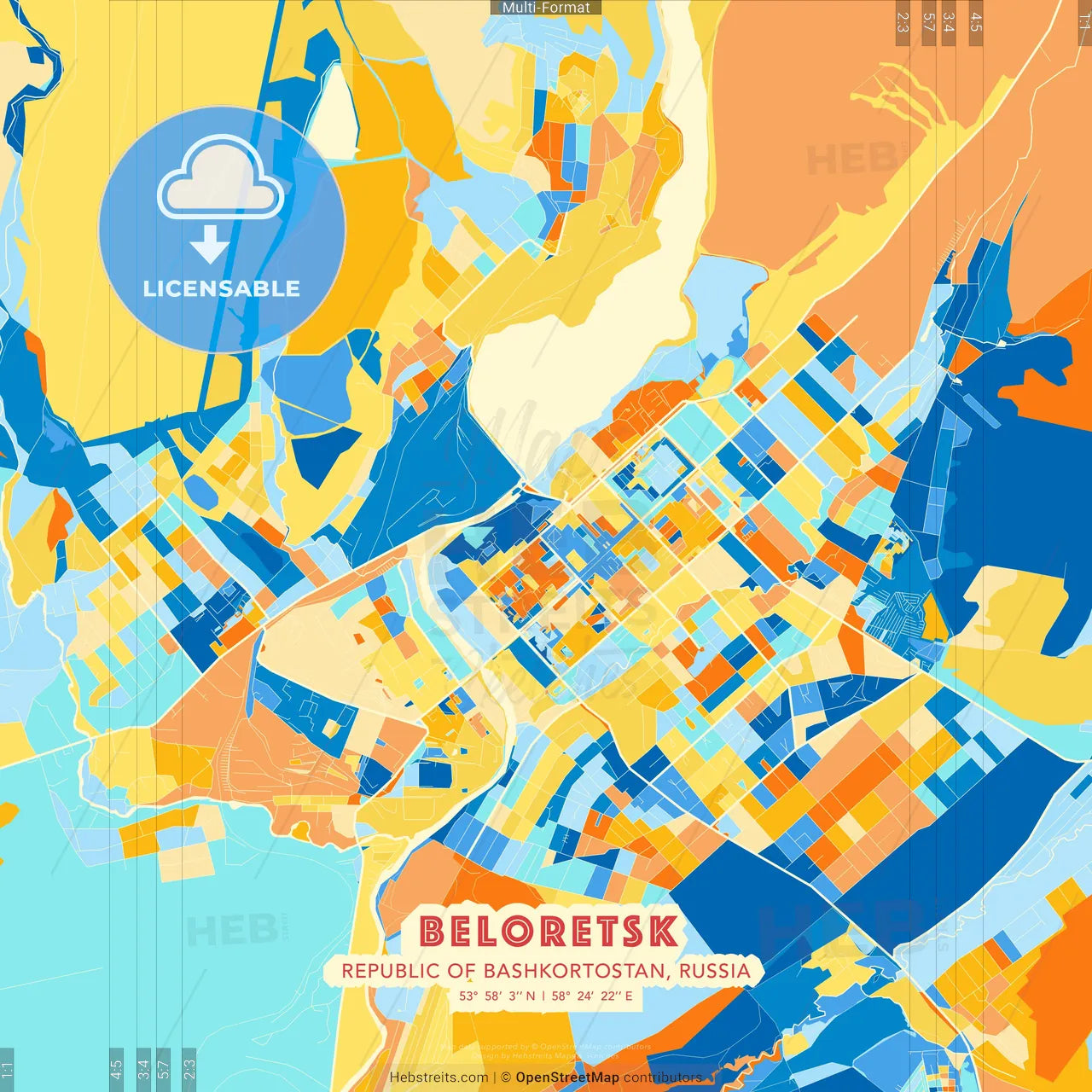 Beloretsk, Republic of Bashkortostan, Russia blue and orange vector art map template