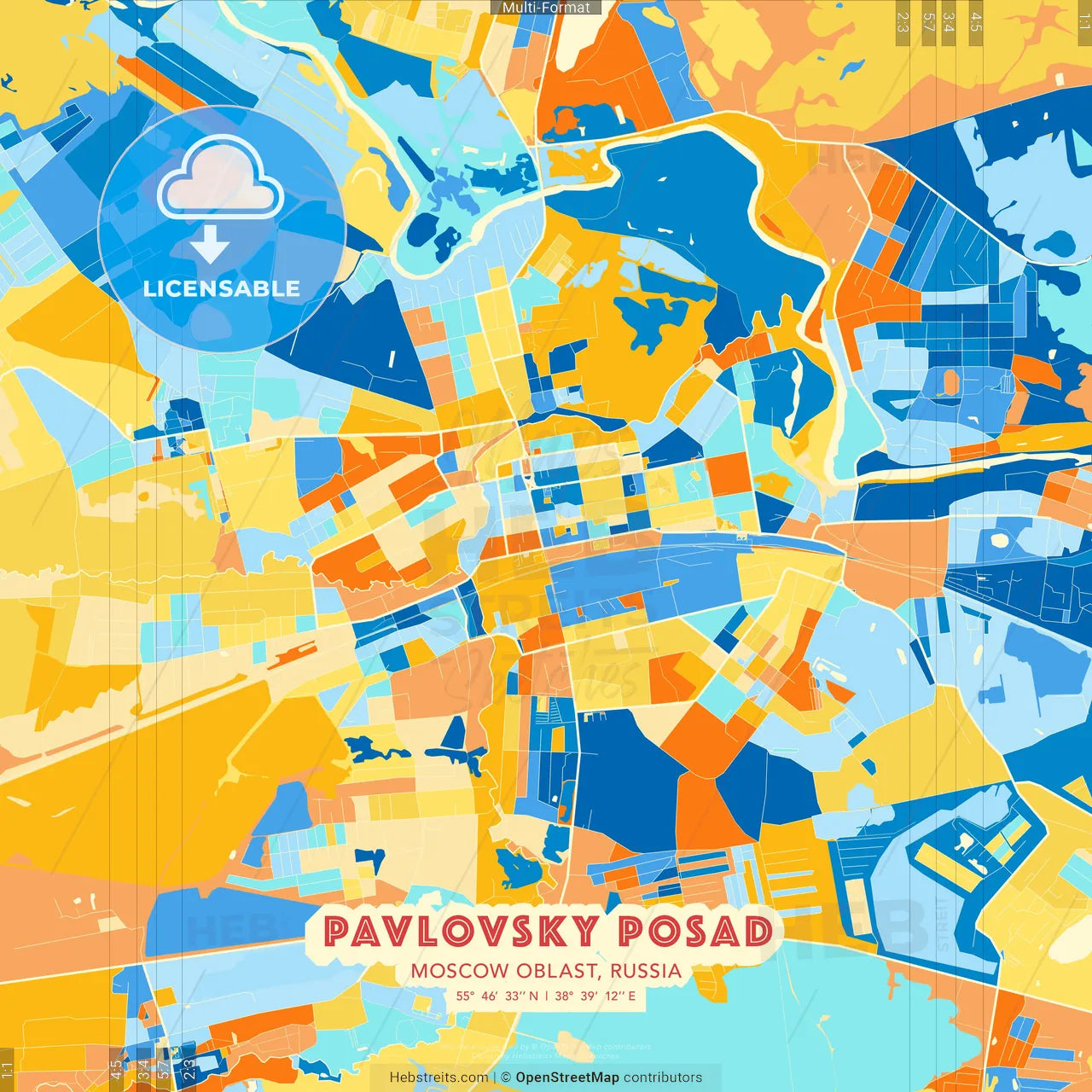 Pavlovsky Posad, Moscow Oblast, Russia blue and orange vector art map template