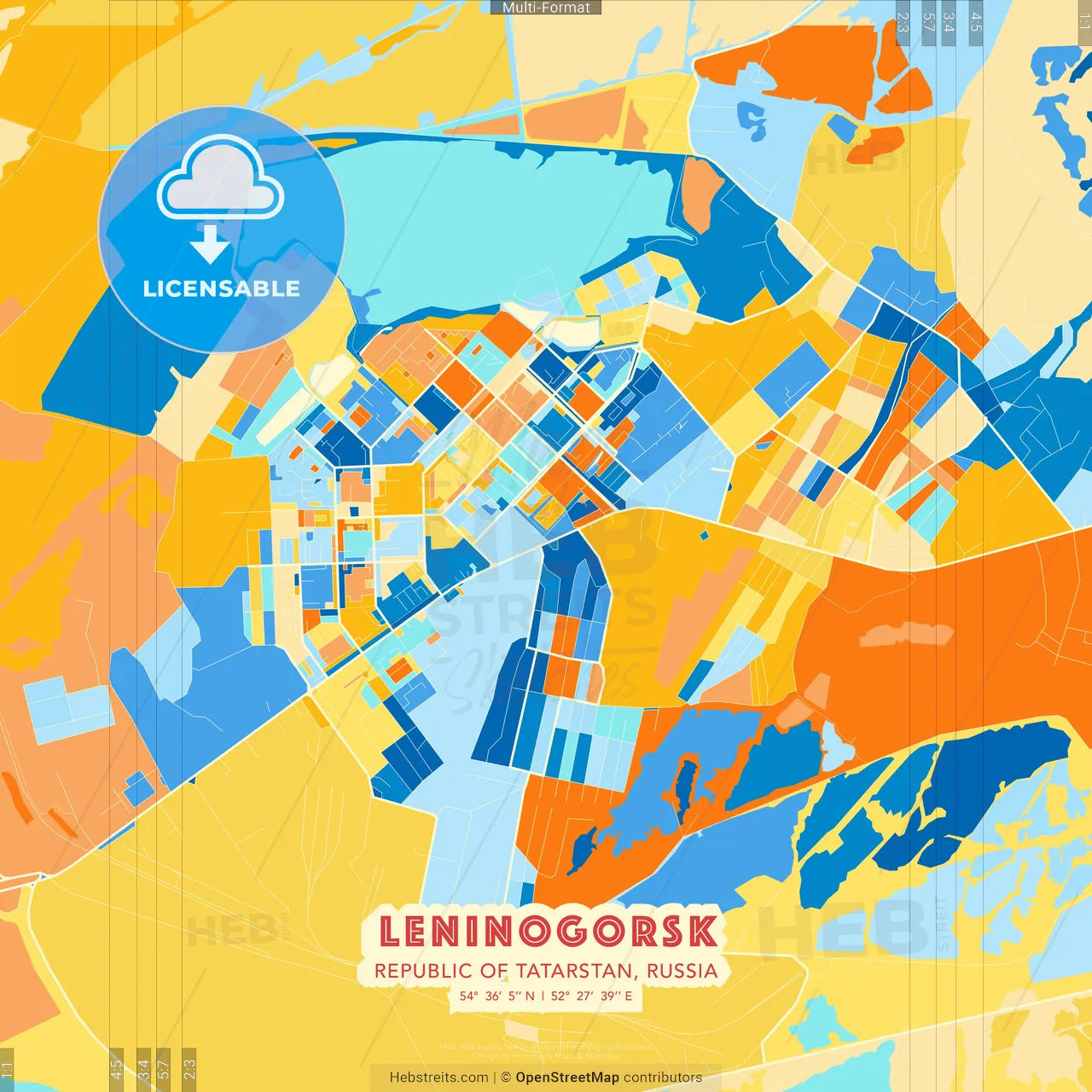 Leninogorsk, Republic of Tatarstan, Russia blue and orange vector art map template