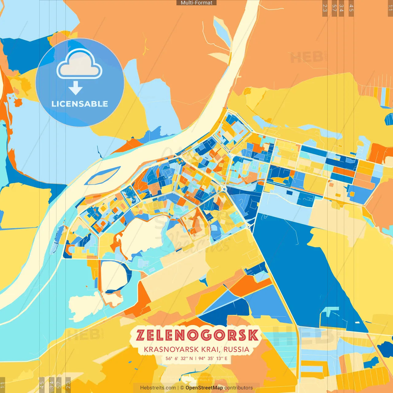 Zelenogorsk, Krasnoyarsk Krai, Russia blue and orange vector art map template