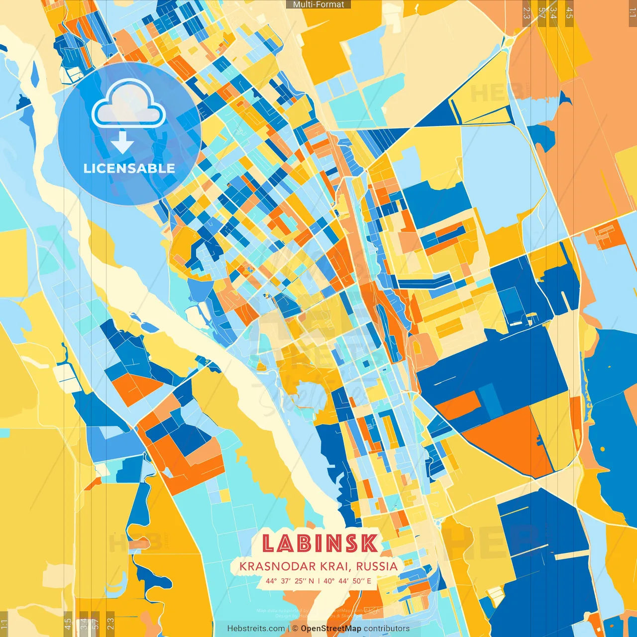 Labinsk, Krasnodar Krai, Russia blue and orange vector art map template