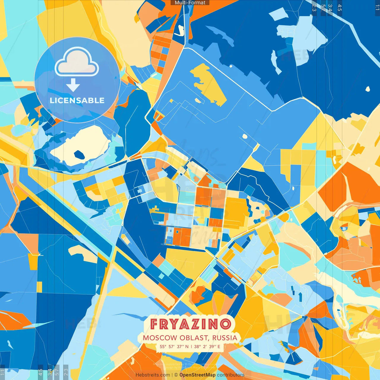 Fryazino, Moscow Oblast, Russia blue and orange vector art map template
