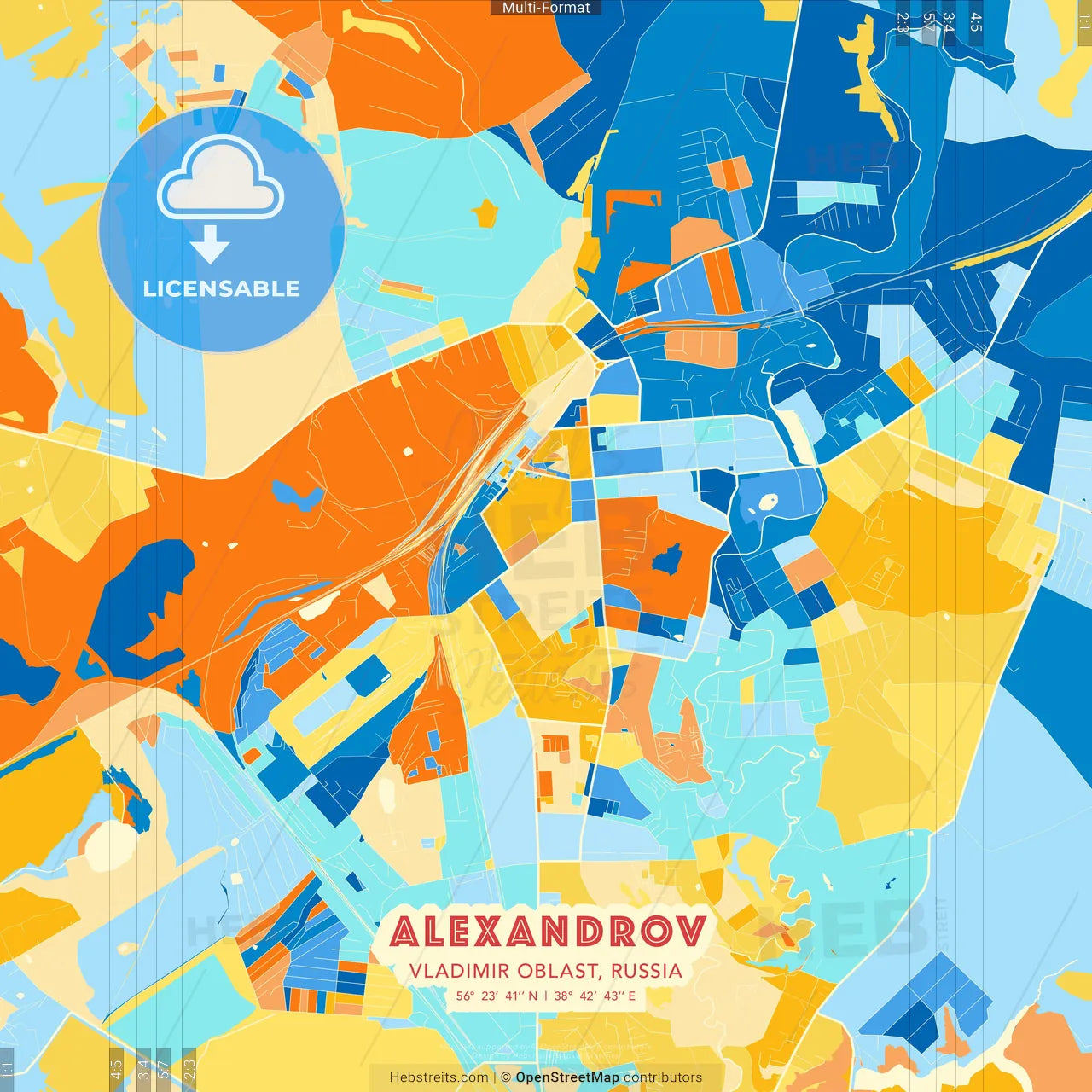 Alexandrov, Vladimir Oblast, Russia blue and orange vector art map template