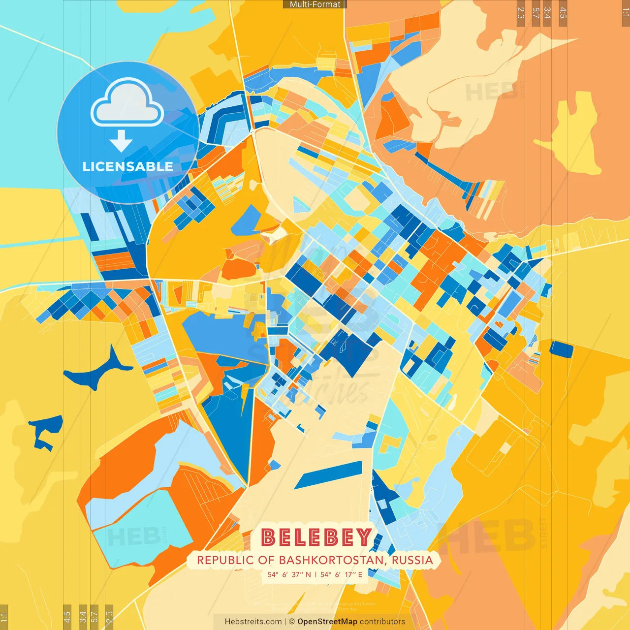 Belebey, Republic of Bashkortostan, Russia blue and orange vector art map template