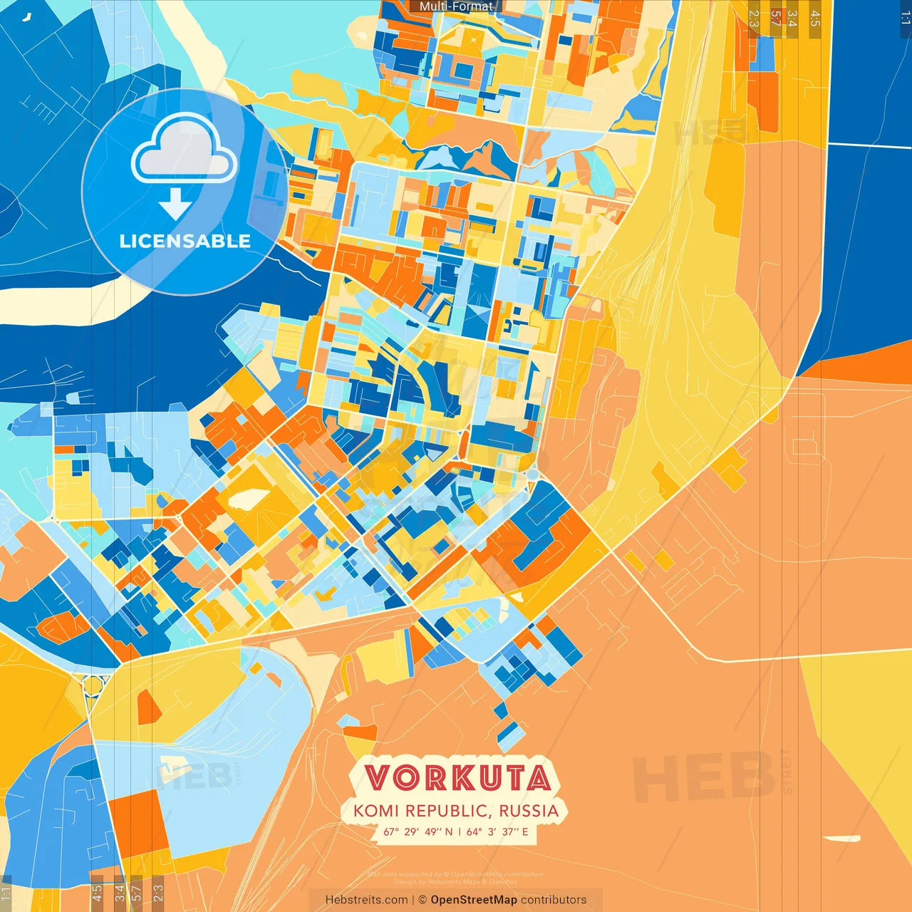 Vorkuta, Komi Republic, Russia blue and orange vector art map template