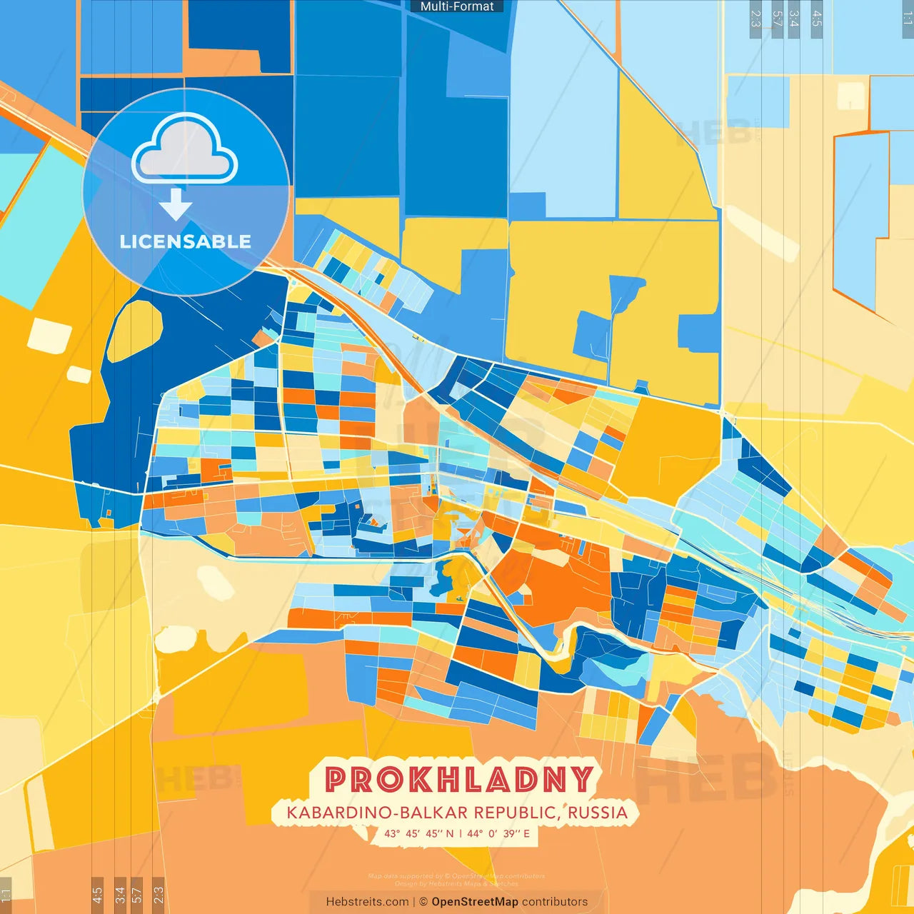 Prokhladny, Kabardino-Balkar Republic, Russia blue and orange vector art map template