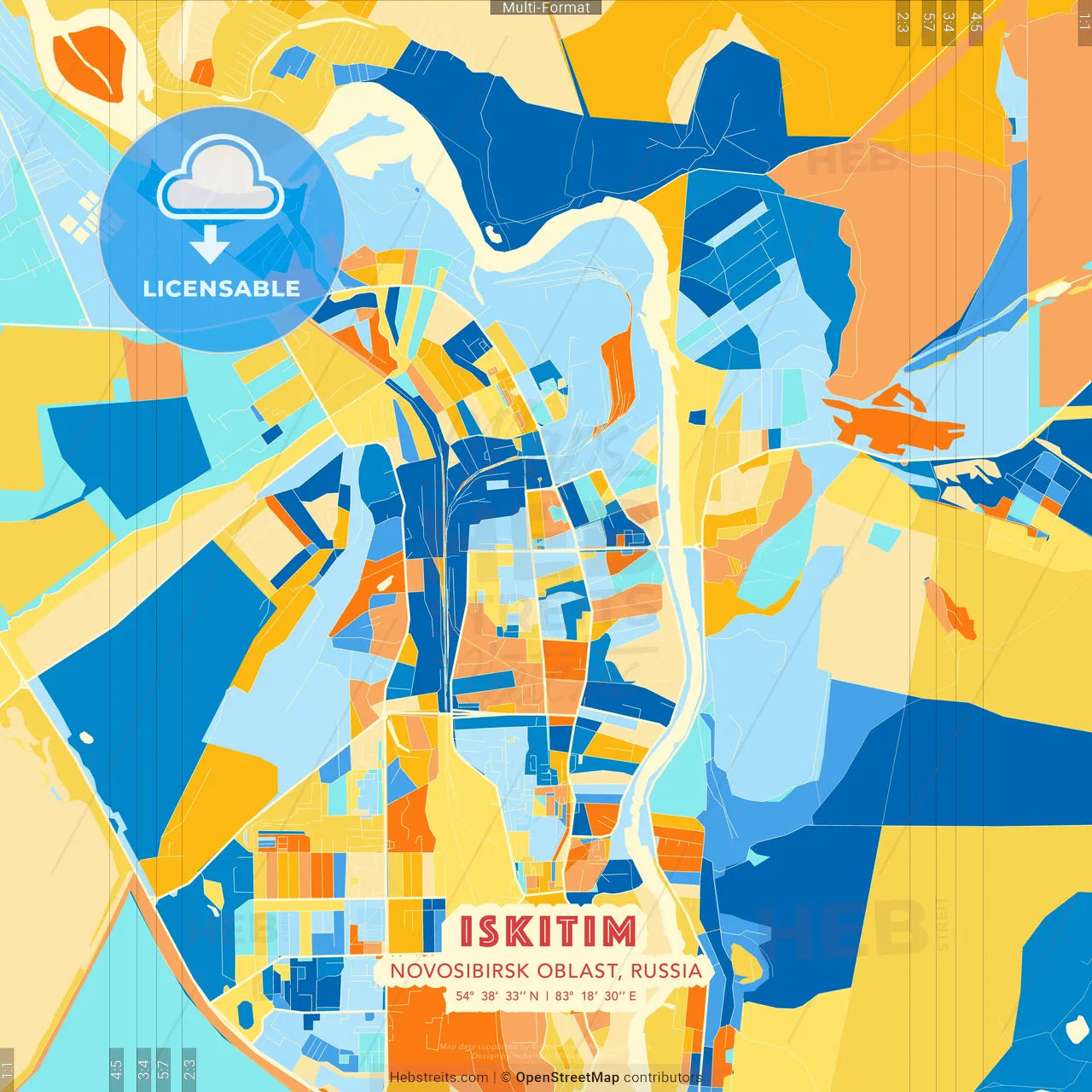 Iskitim, Novosibirsk Oblast, Russia blue and orange vector art map template