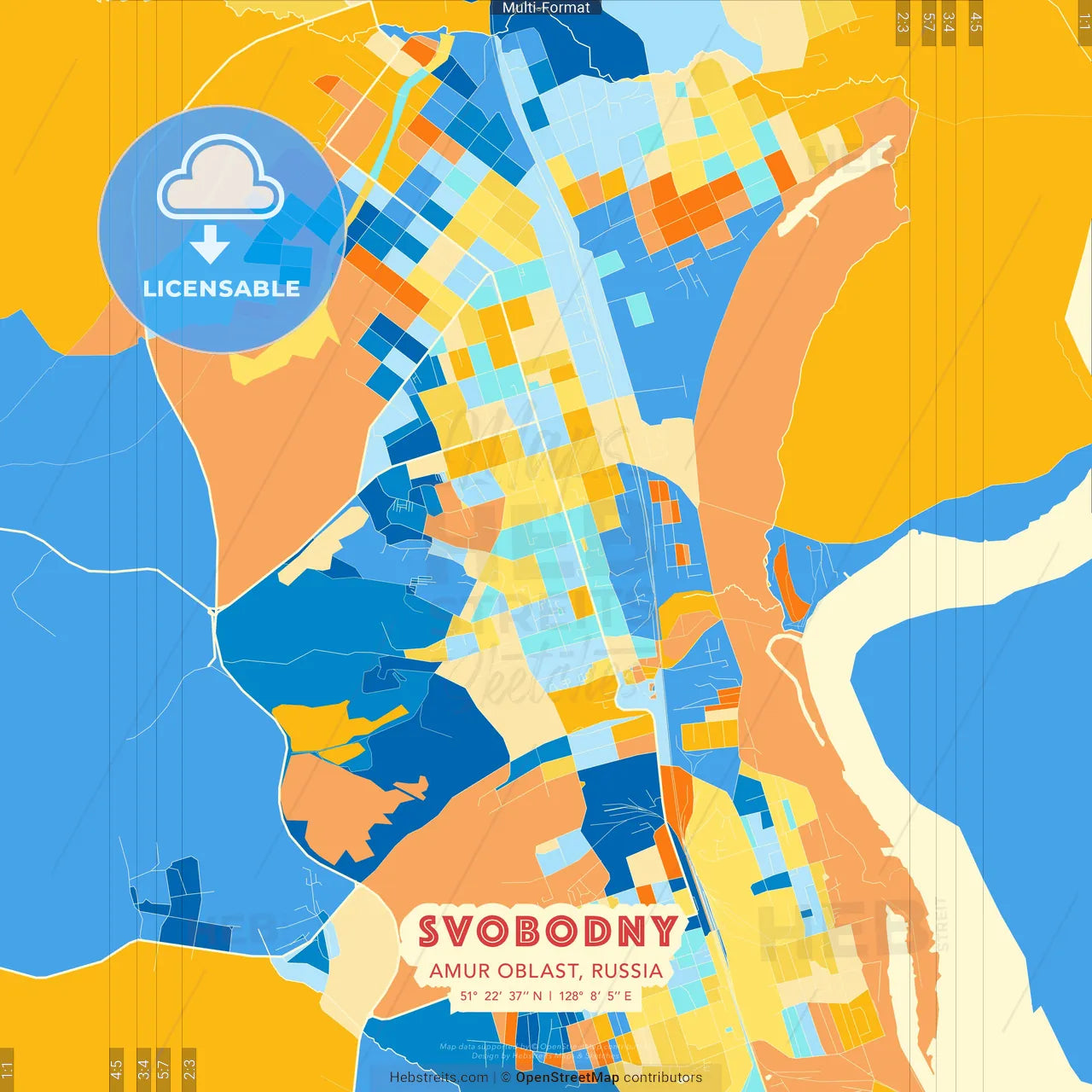 Svobodny, Amur Oblast, Russia blue and orange vector art map template