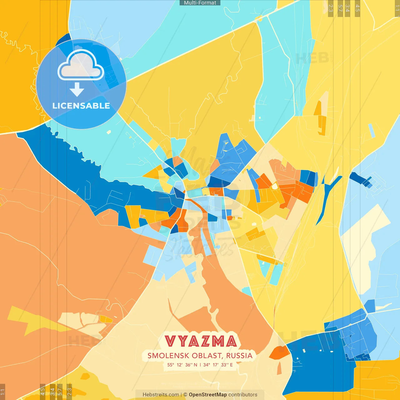 Vyazma, Smolensk Oblast, Russia blue and orange vector art map template