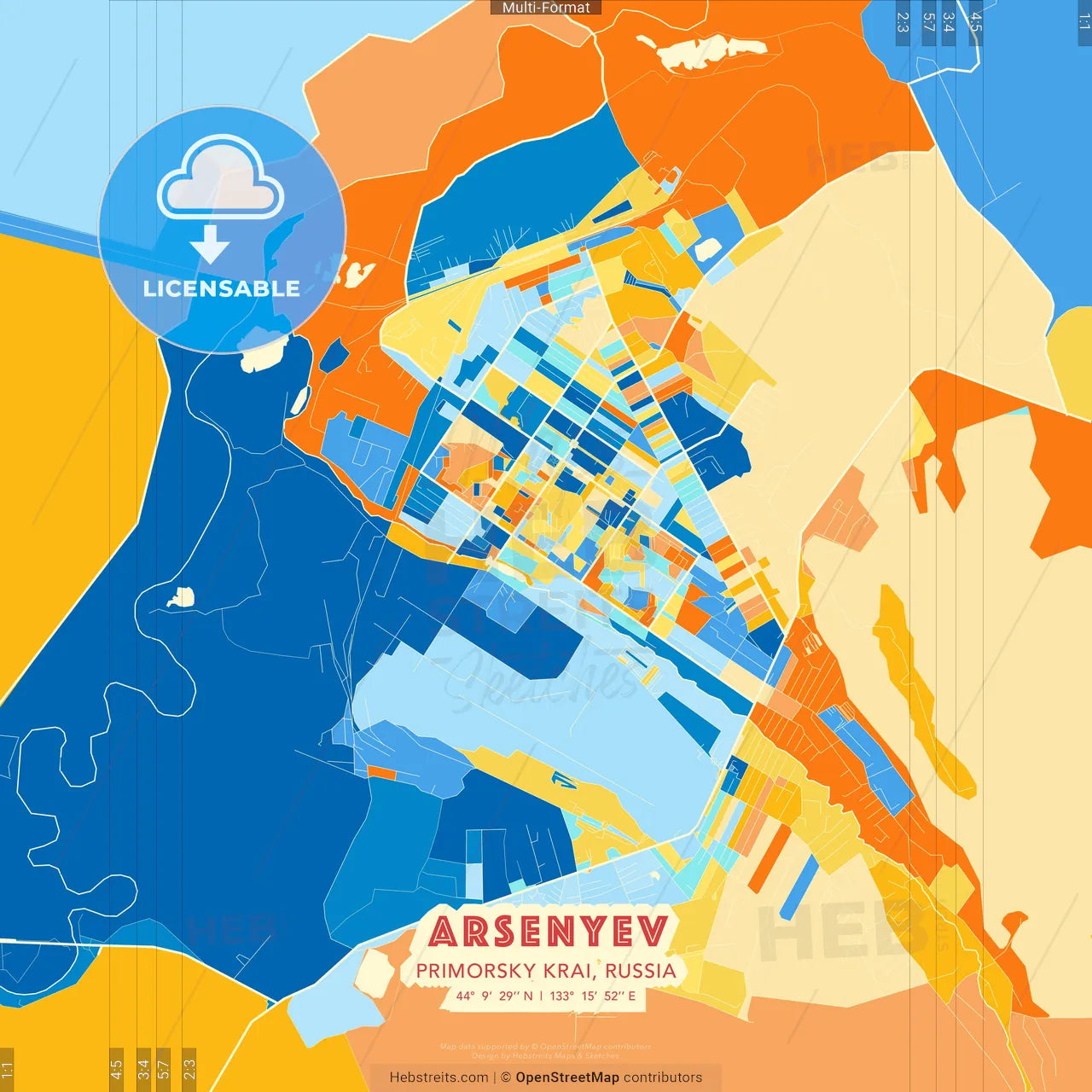 Arsenyev, Primorsky Krai, Russia blue and orange vector art map template