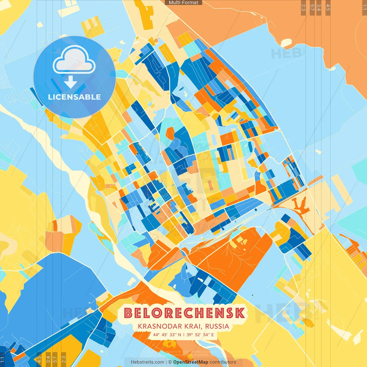 Belorechensk, Krasnodar Krai, Russia blue and orange vector art map template