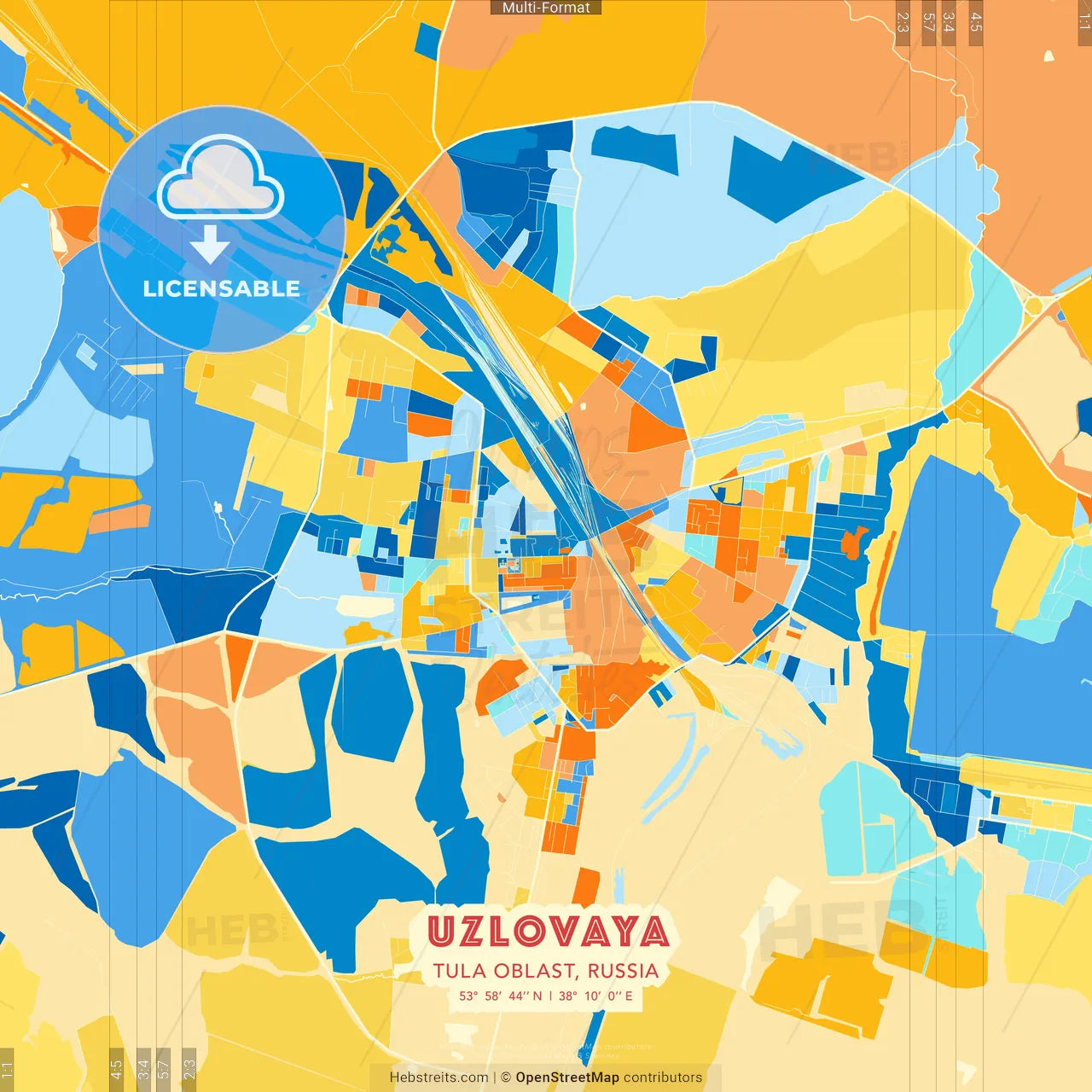 Uzlovaya, Tula Oblast, Russia blue and orange vector art map template