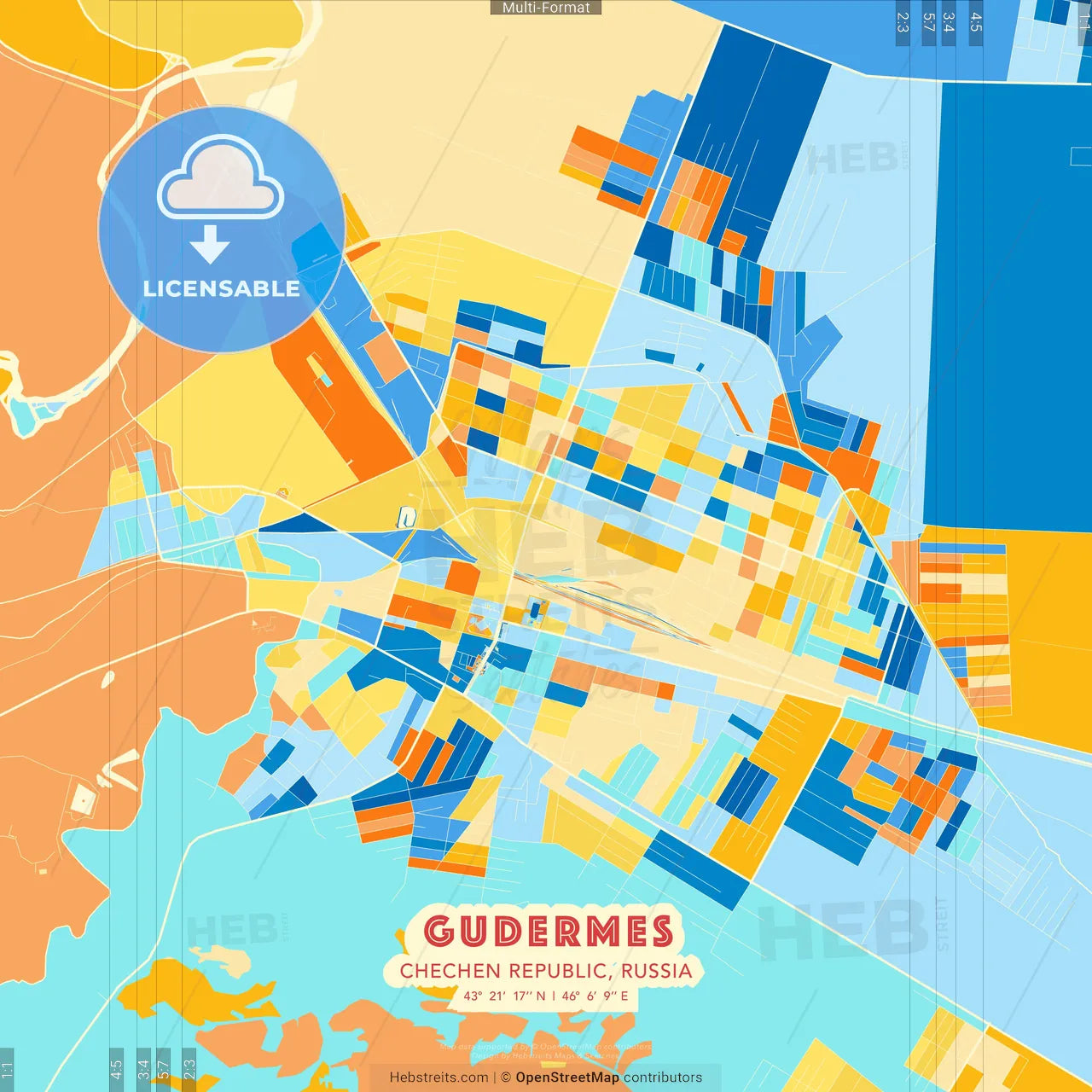 Gudermes, Chechen Republic, Russia blue and orange vector art map template