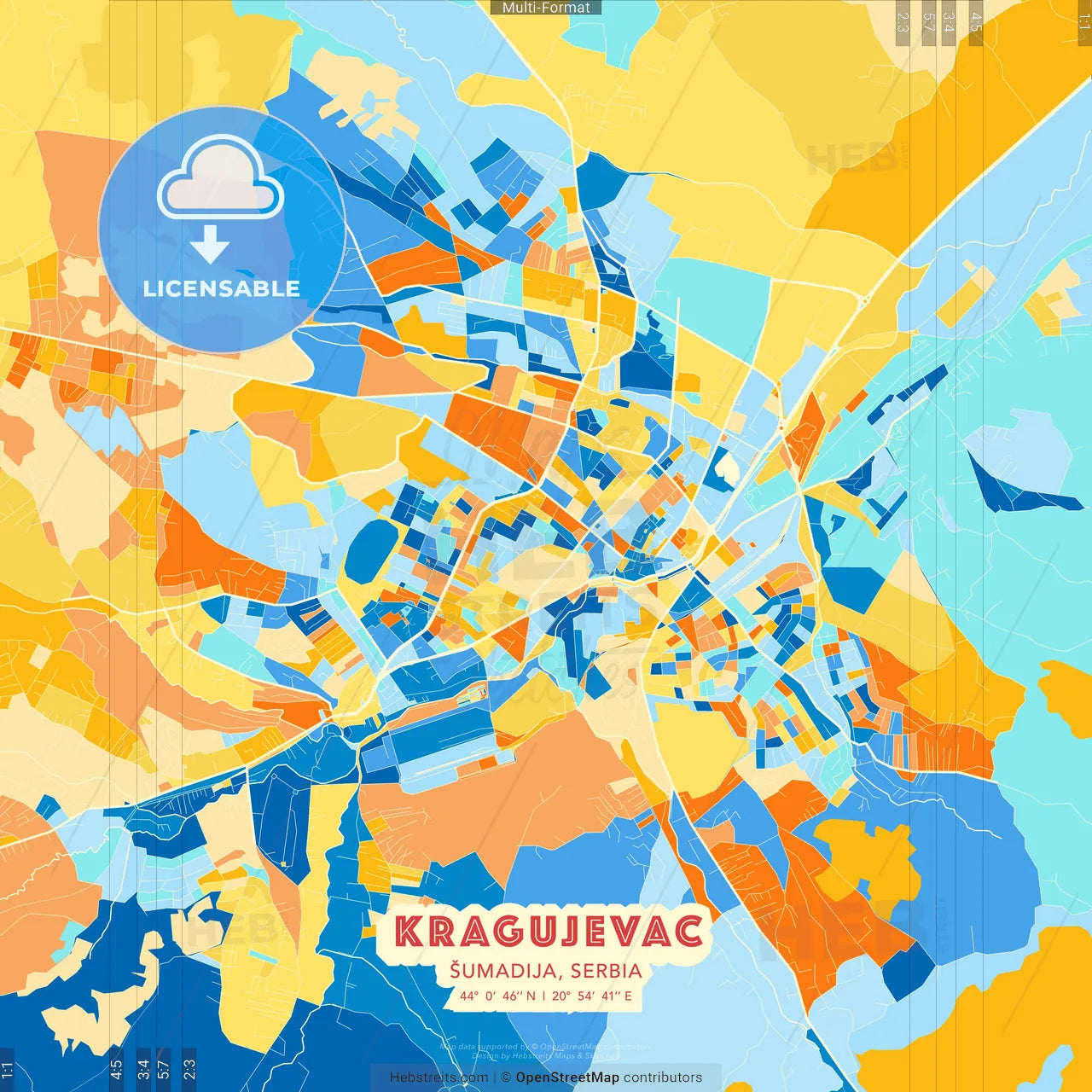 Kragujevac, Šumadija, Serbia blue and orange vector art map template
