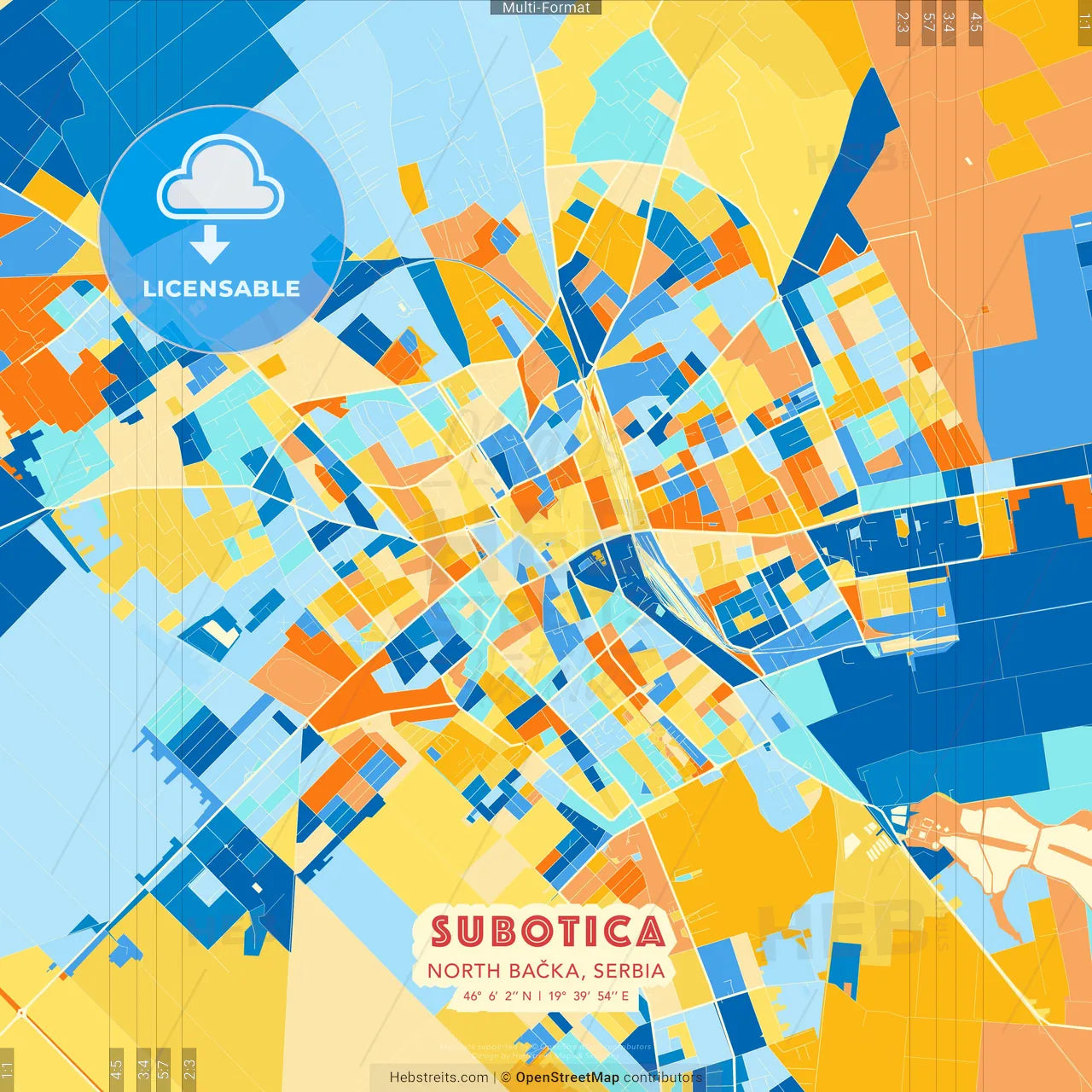 Subotica, North Bačka, Serbia blue and orange vector art map template
