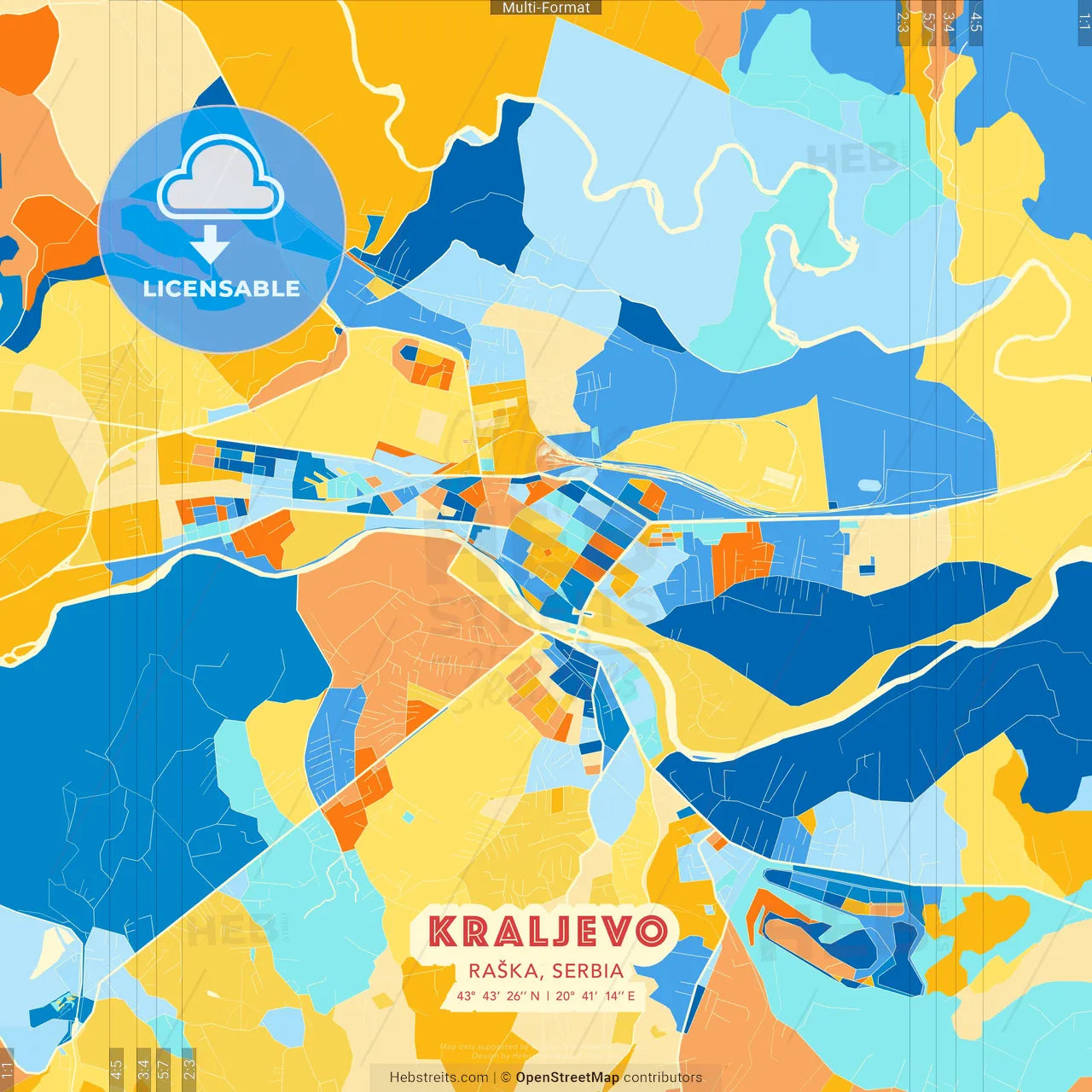 Kraljevo, Raška, Serbia blue and orange vector art map template