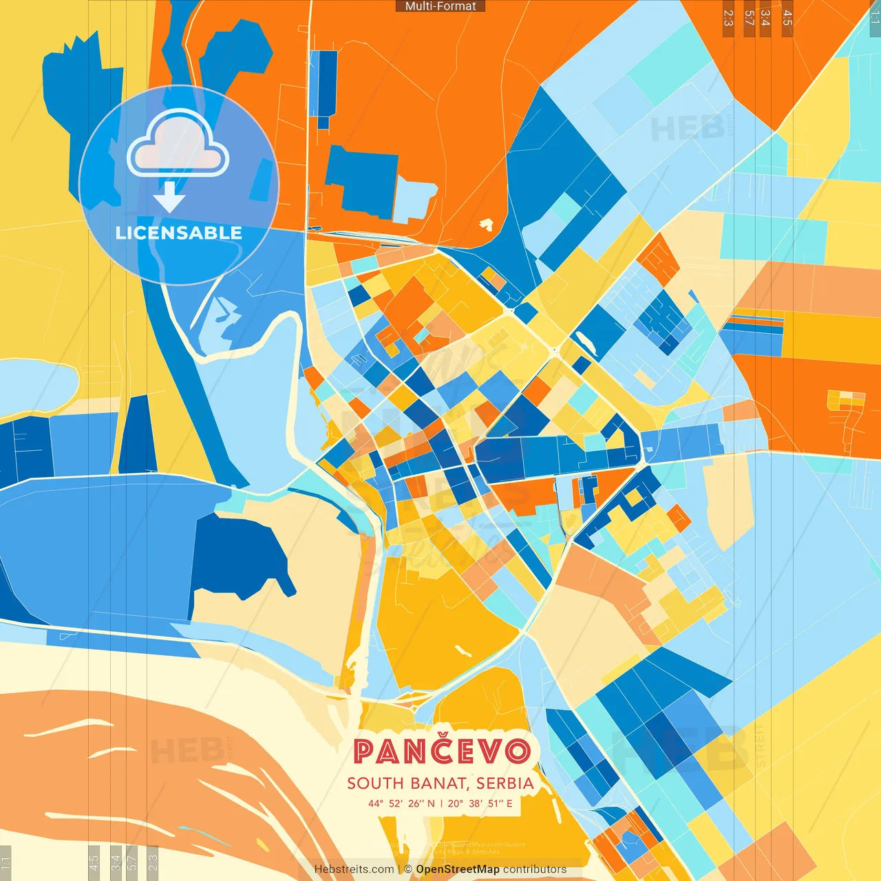 Pančevo, South Banat, Serbia blue and orange vector art map template