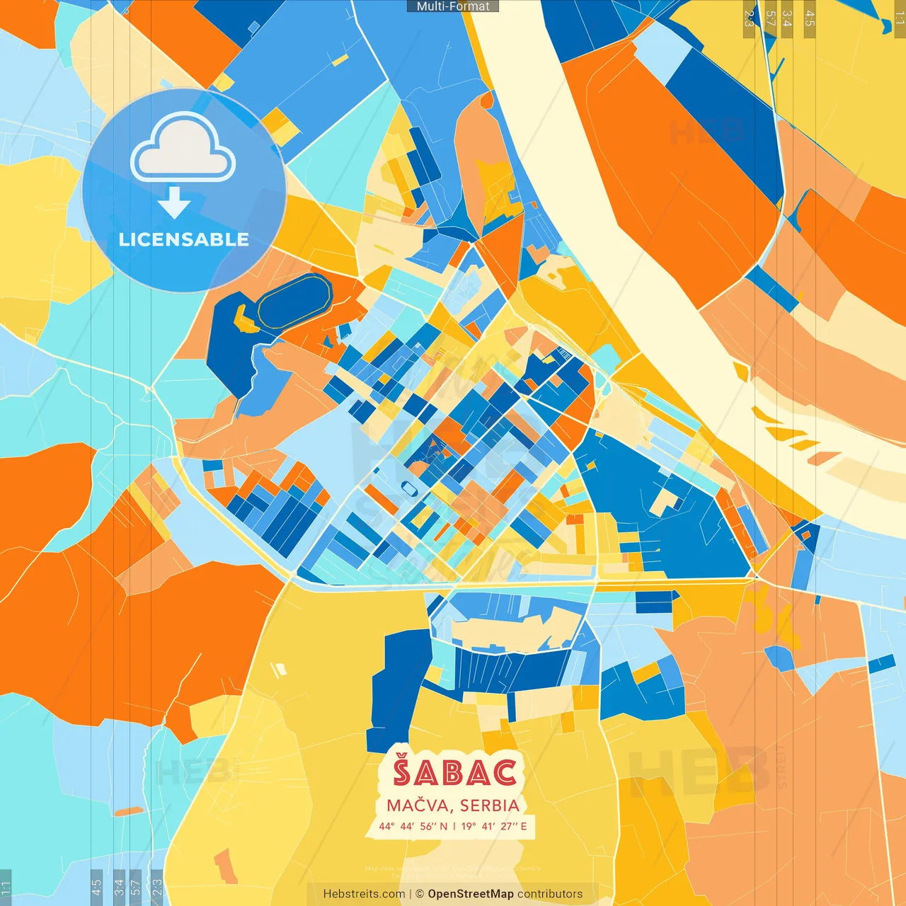 Šabac, Mačva, Serbia blue and orange vector art map template