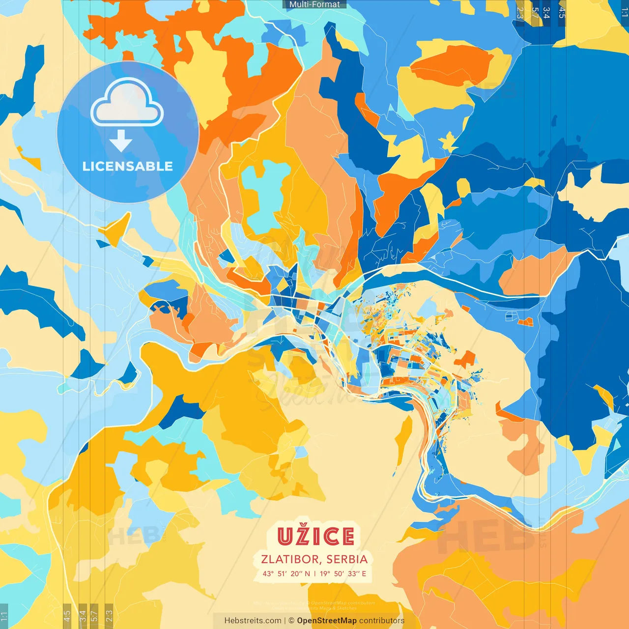 Užice, Zlatibor, Serbia blue and orange vector art map template