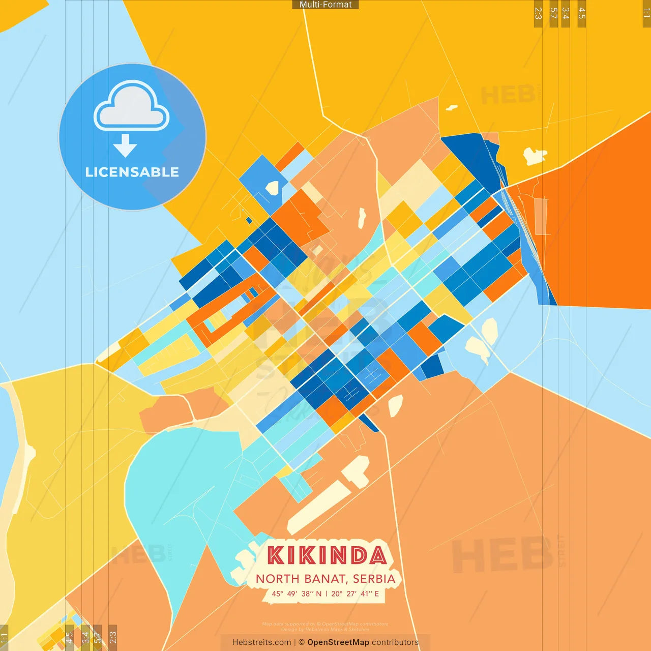 Kikinda, North Banat, Serbia blue and orange vector art map template