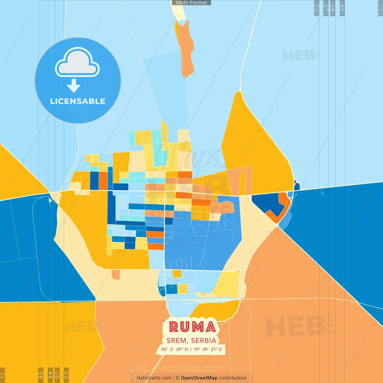 Ruma, Srem, Serbia blue and orange vector art map template