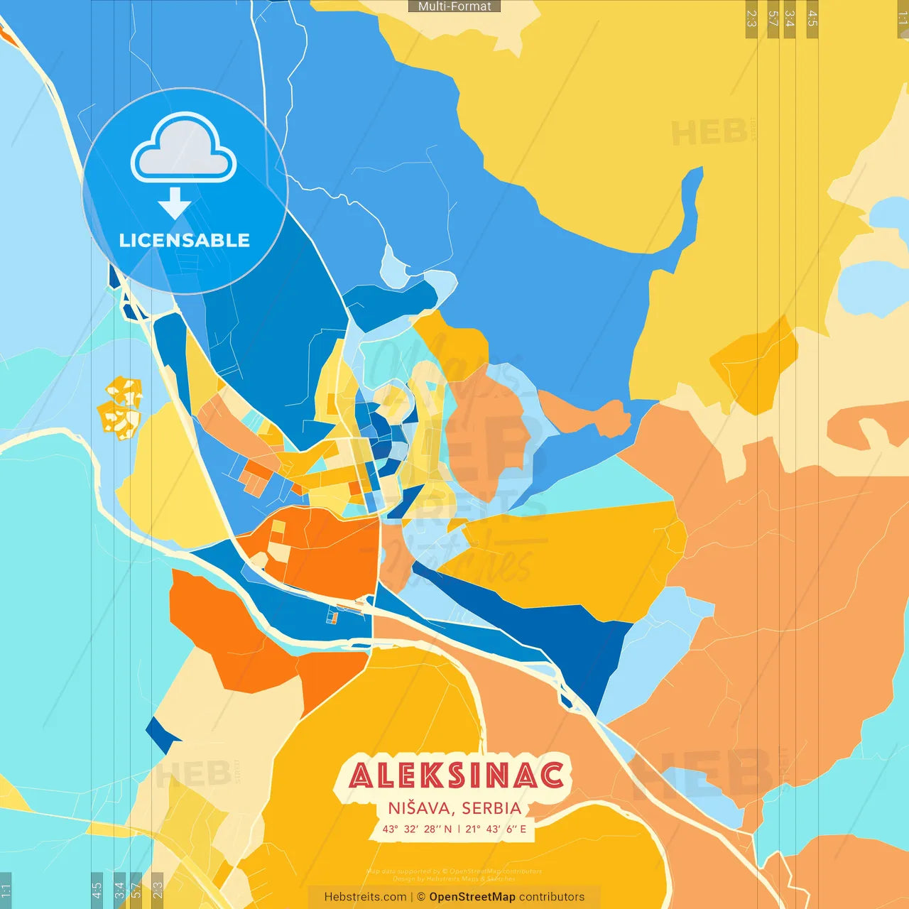 Aleksinac, Nišava, Serbia blue and orange vector art map template