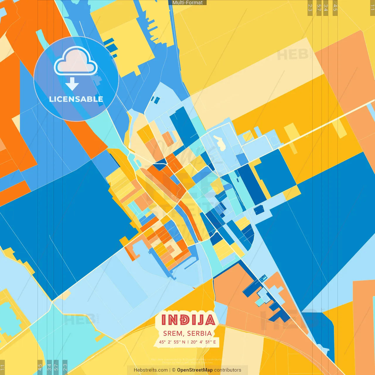 Inđija, Srem, Serbia blue and orange vector art map template
