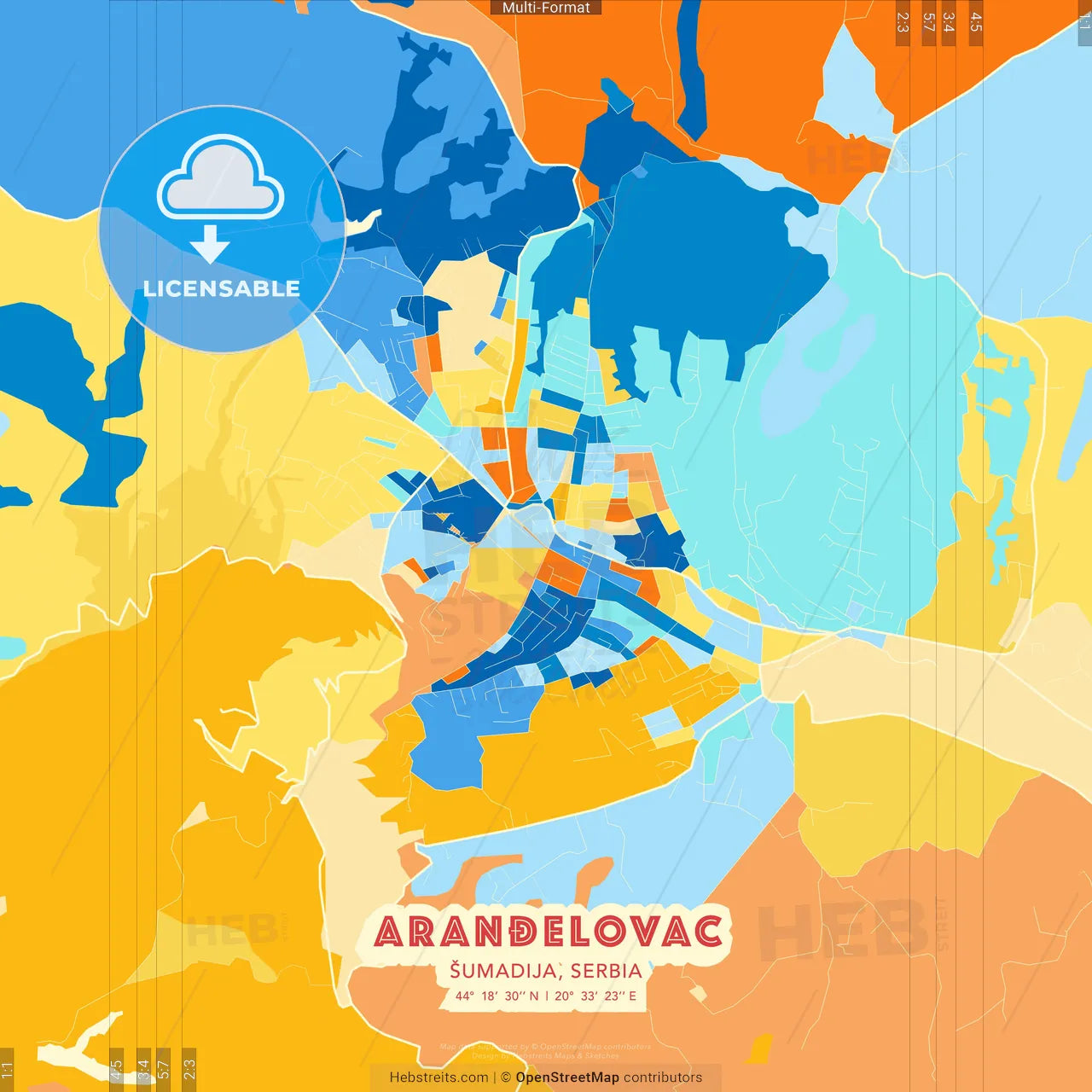 Aranđelovac, Šumadija, Serbia blue and orange vector art map template