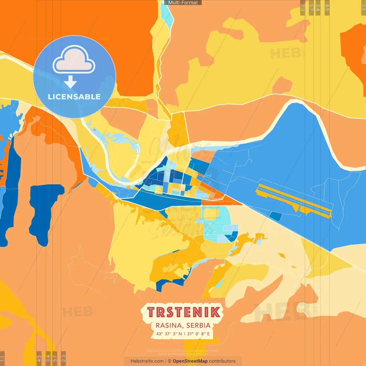 Trstenik, Rasina, Serbia blue and orange vector art map template